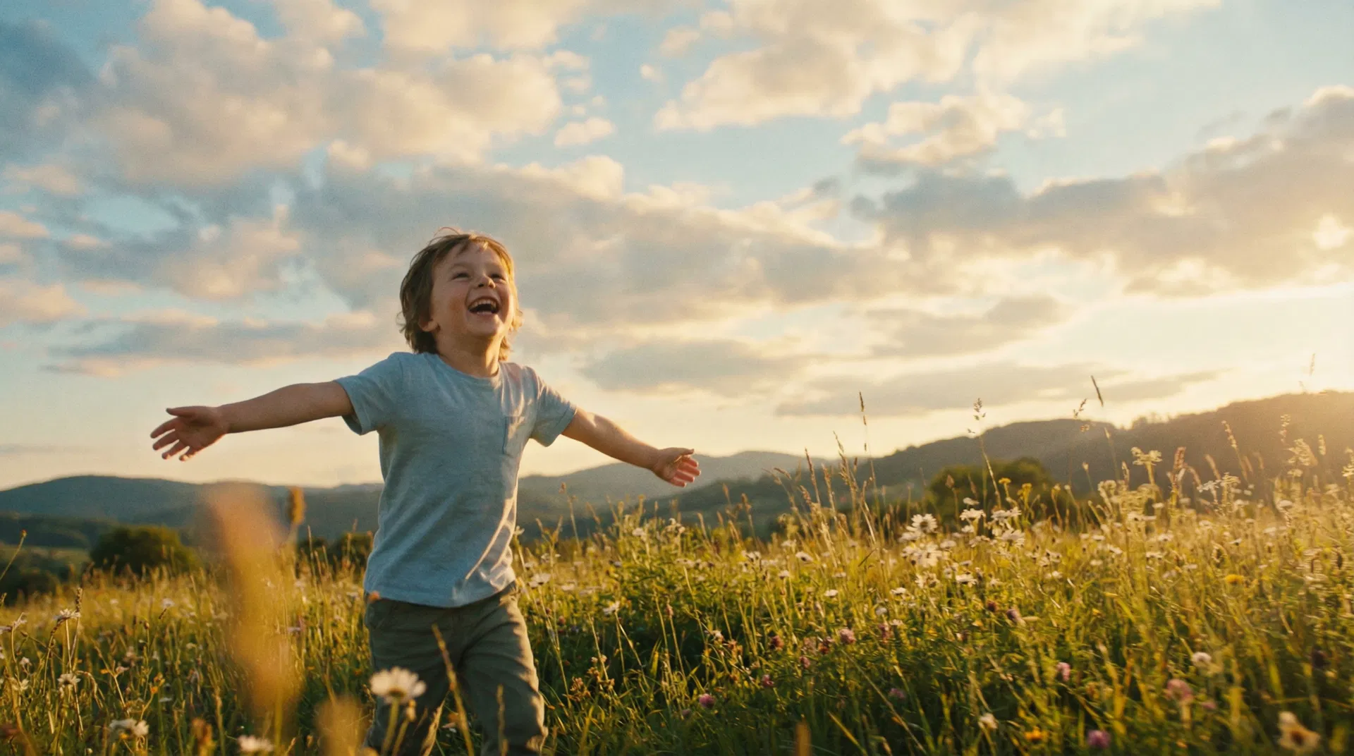 Kind mit offenen Armen in einer Wiese – voller Möglichkeiten
