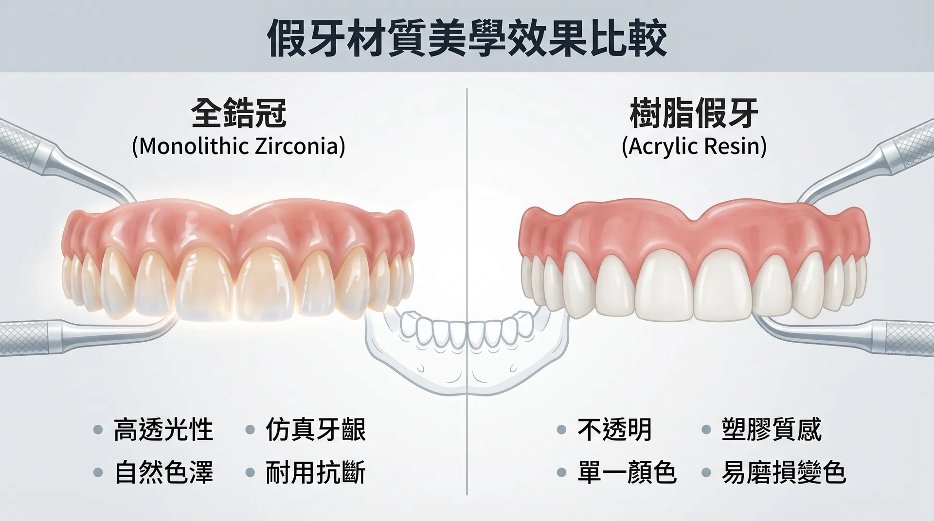 全鋯冠假牙 vs 樹脂假牙美學效果比較