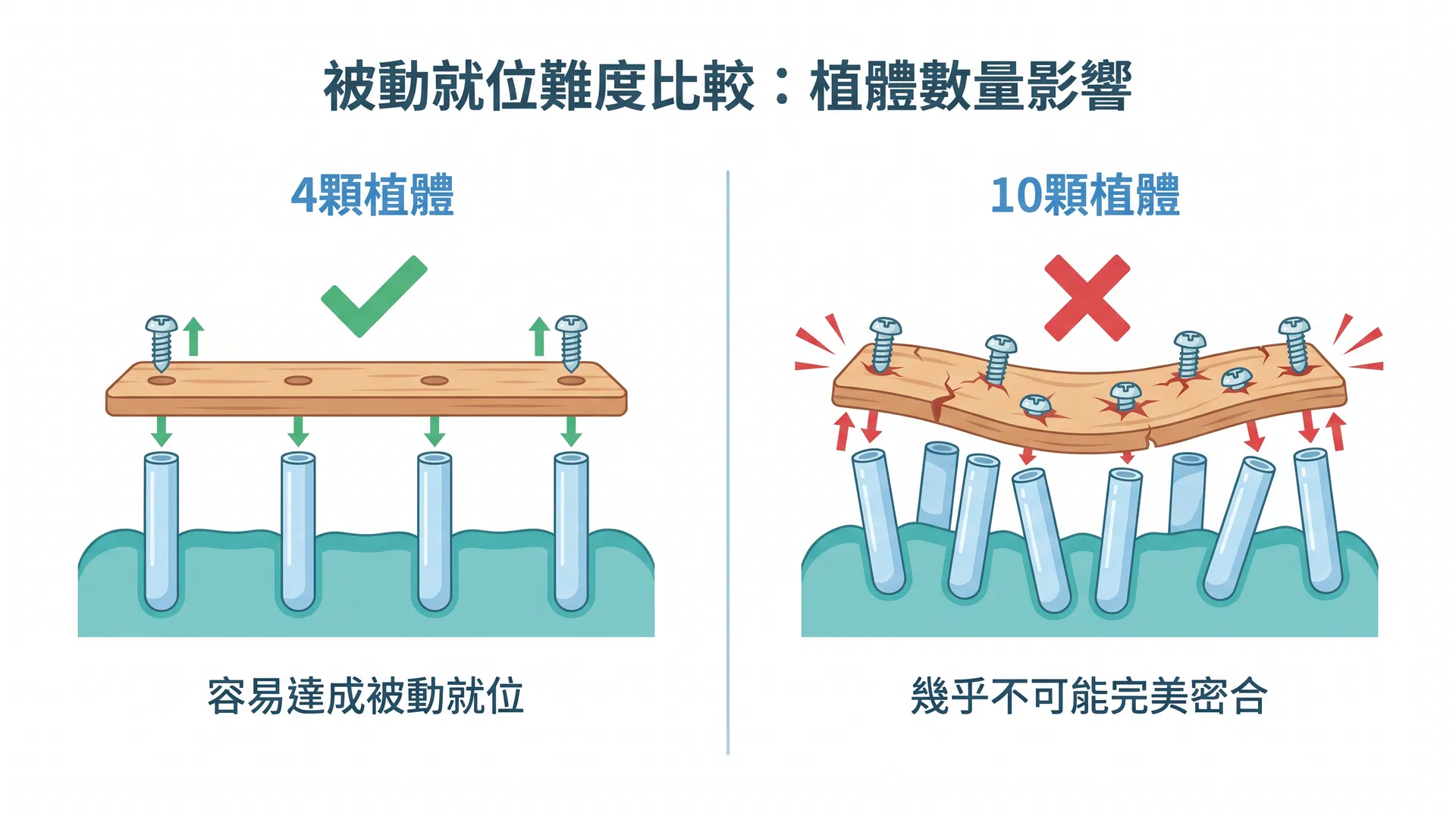 被動就位難度比較：4 顆植體容易達成 vs 10 顆植體幾乎不可能完美密合
