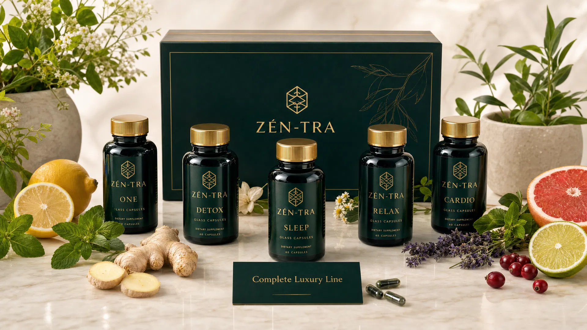 Complete ZÉN-TRA Luxury line in amber glass capsule bottles with premium box presentation