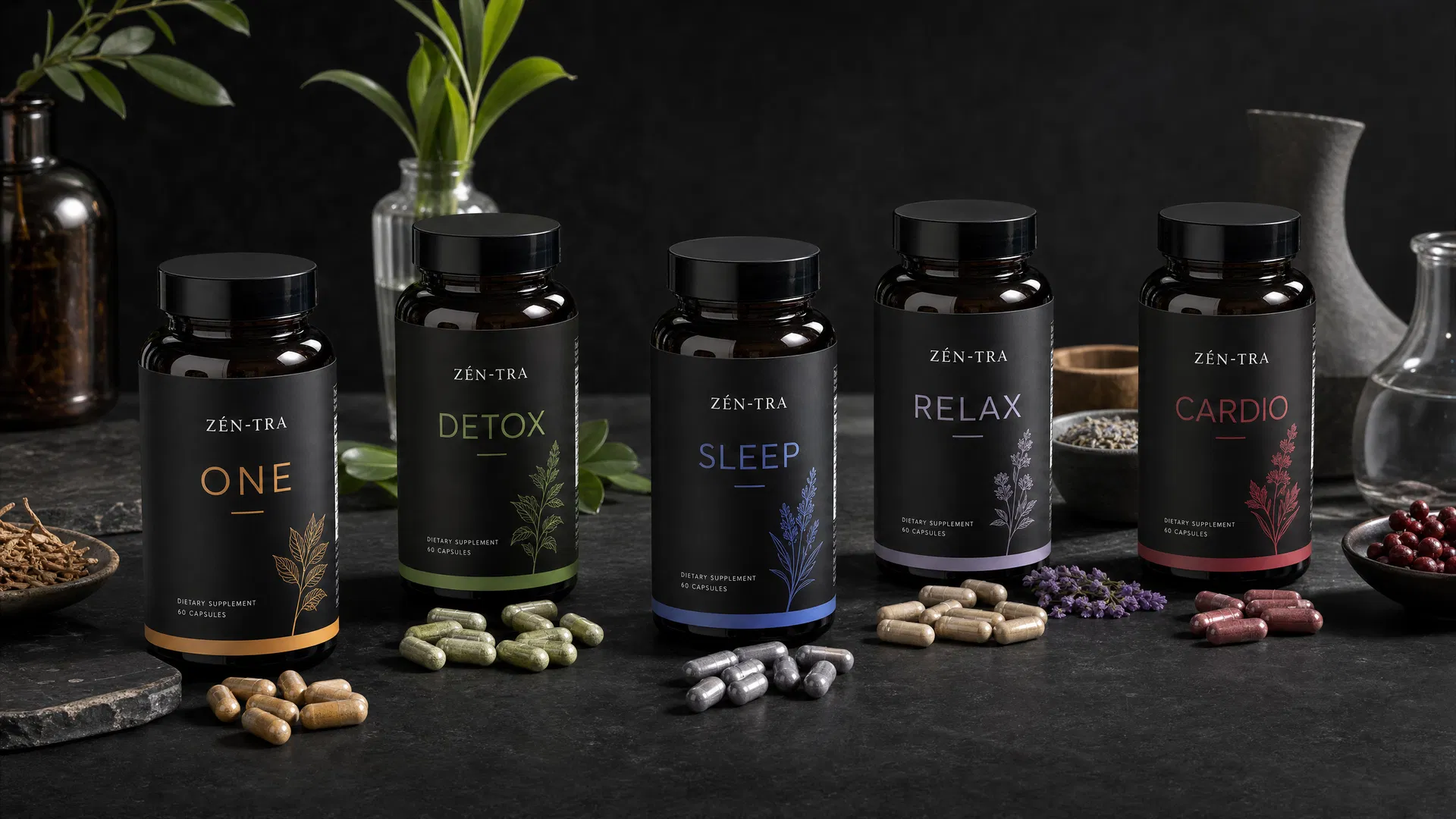 Five ZÉN-TRA capsule supplement niches: ONE, DETOX, SLEEP, RELAX and CARDIO
