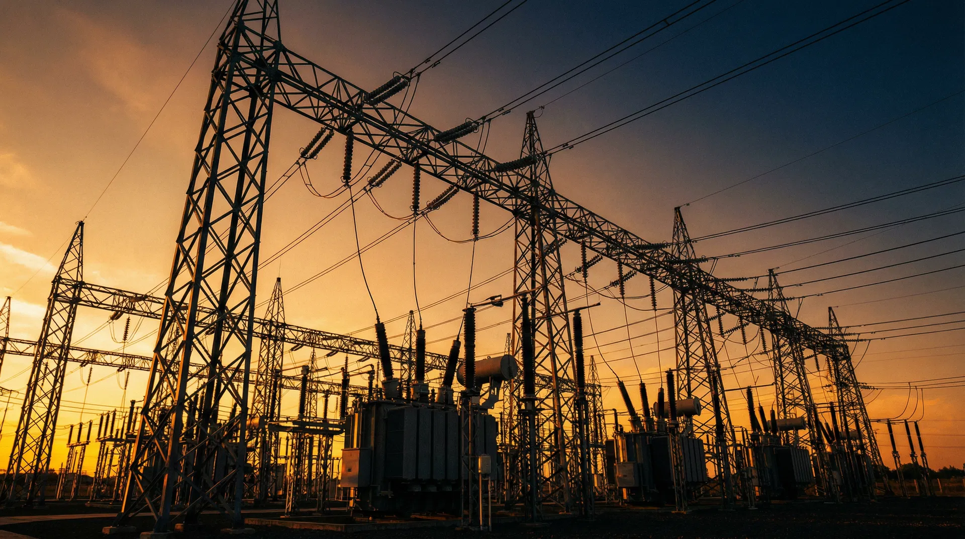 Electrical substation at sunset
