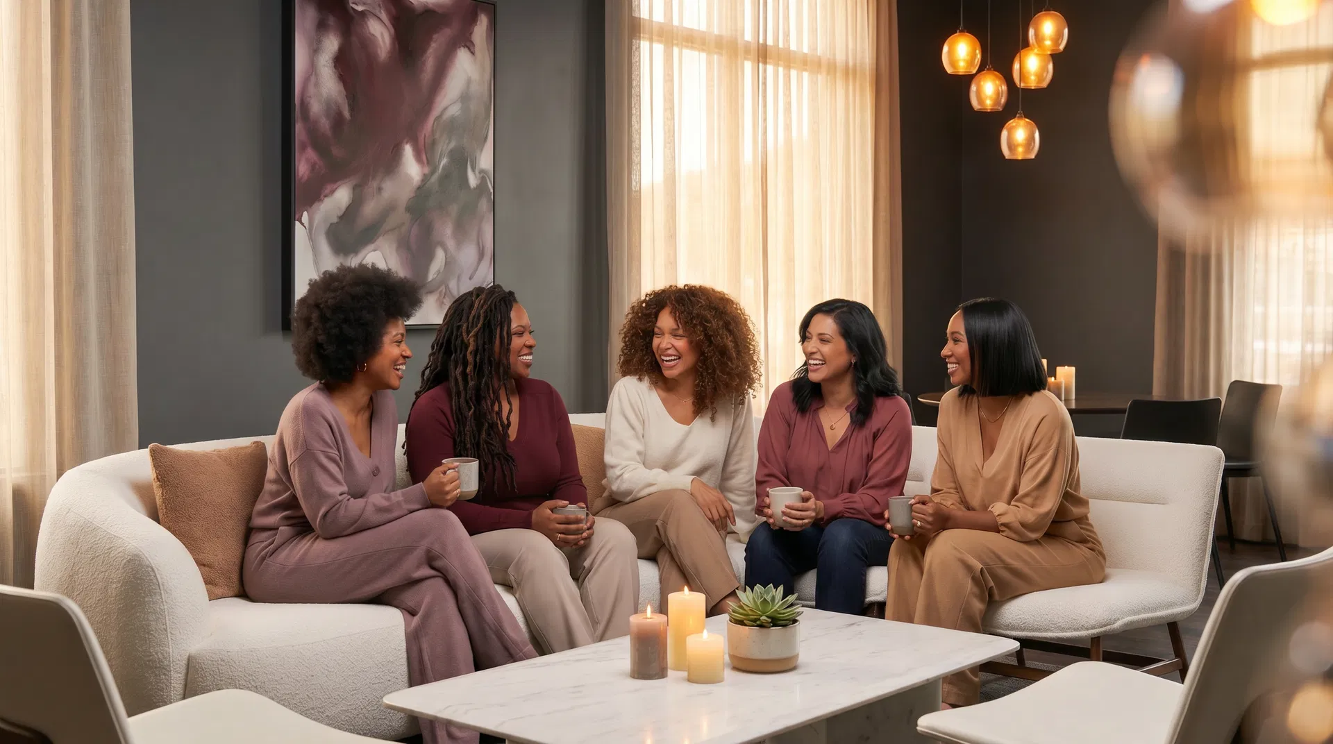Women of color in a warm contemporary lounge, laughing and sharing
