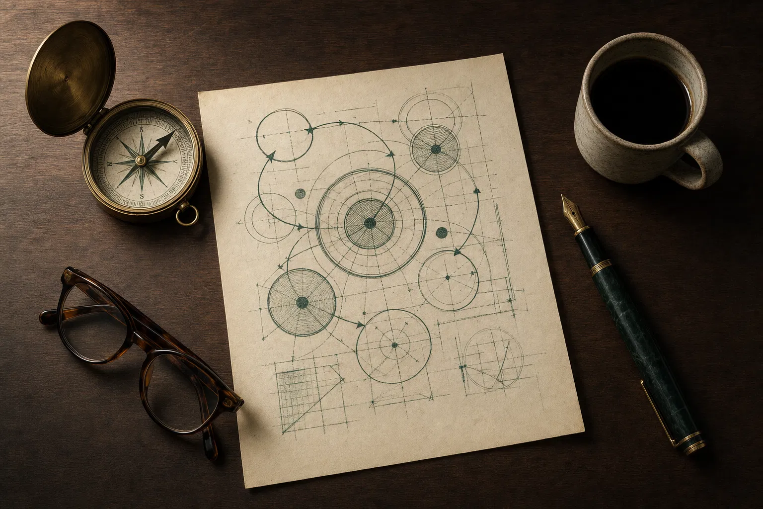 Bússola, caderno com diagramas e xícara em mesa de madeira