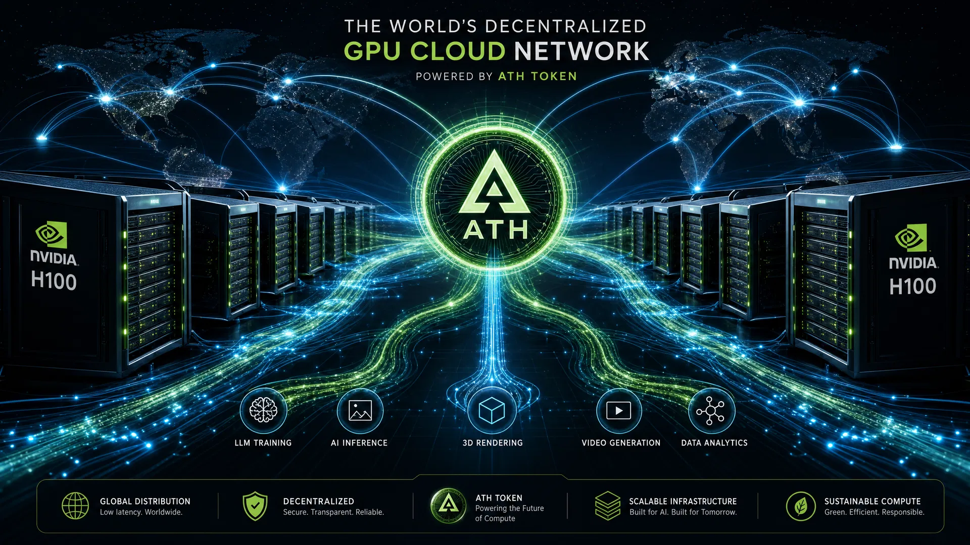 Aethir decentralized GPU cloud network — NVIDIA H100 servers, ATH token, global compute distribution