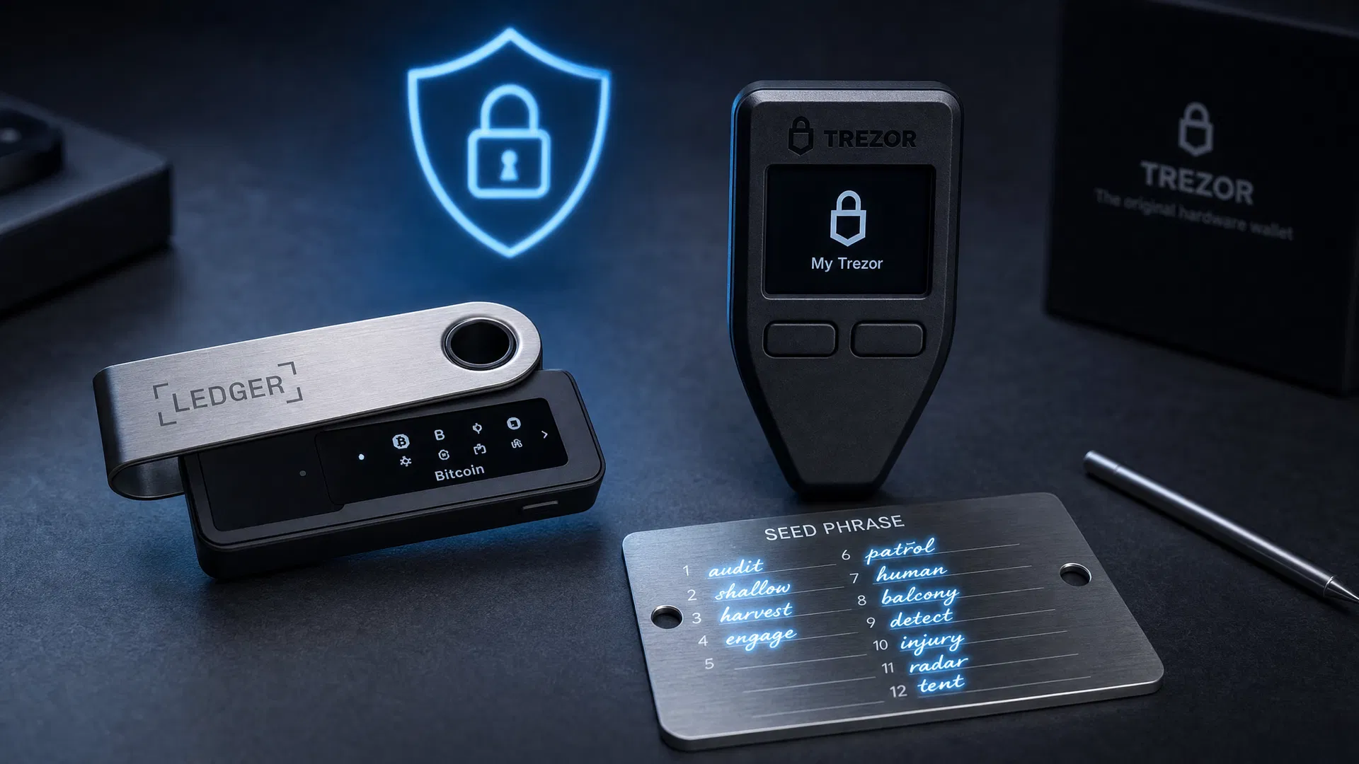 Ledger and Trezor hardware wallets with seed phrase backup plate