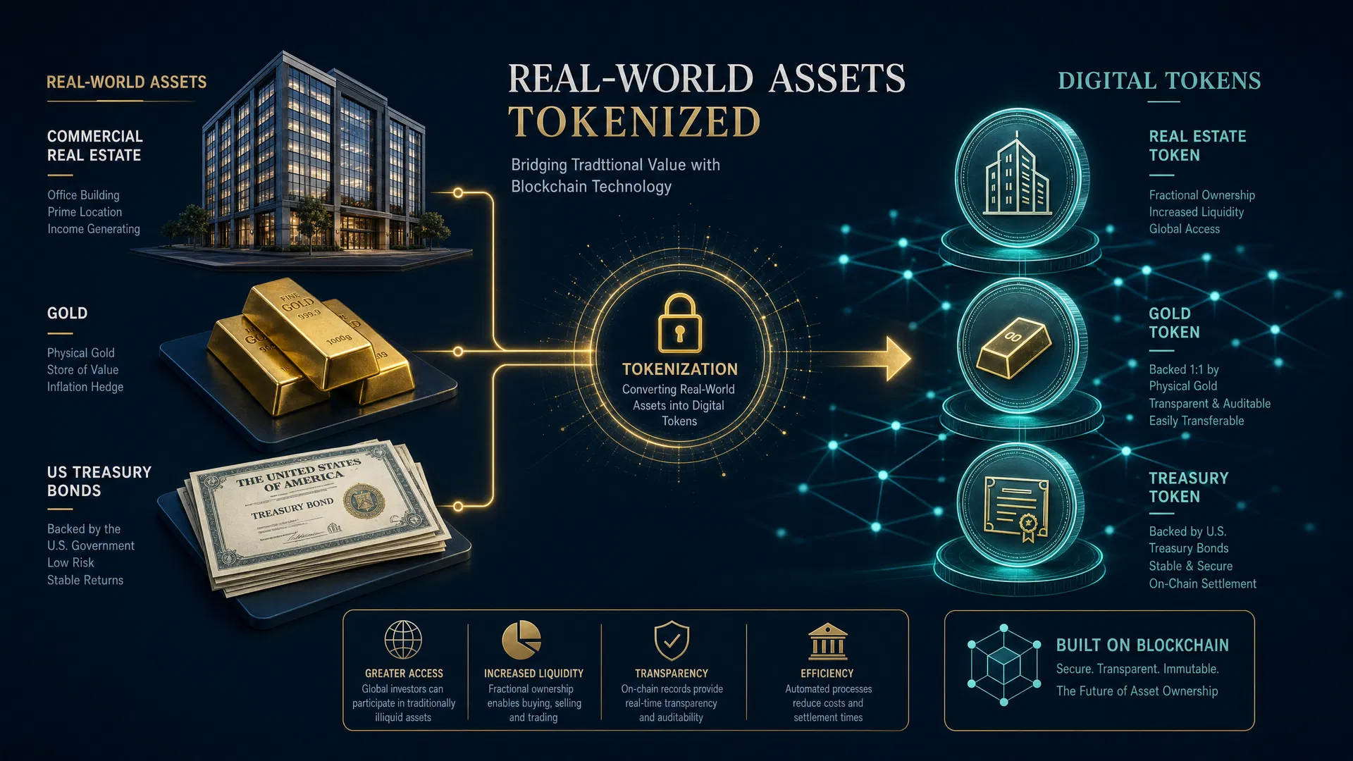 How Real-World Asset Tokenization Works — buildings, gold, and bonds converted to blockchain tokens