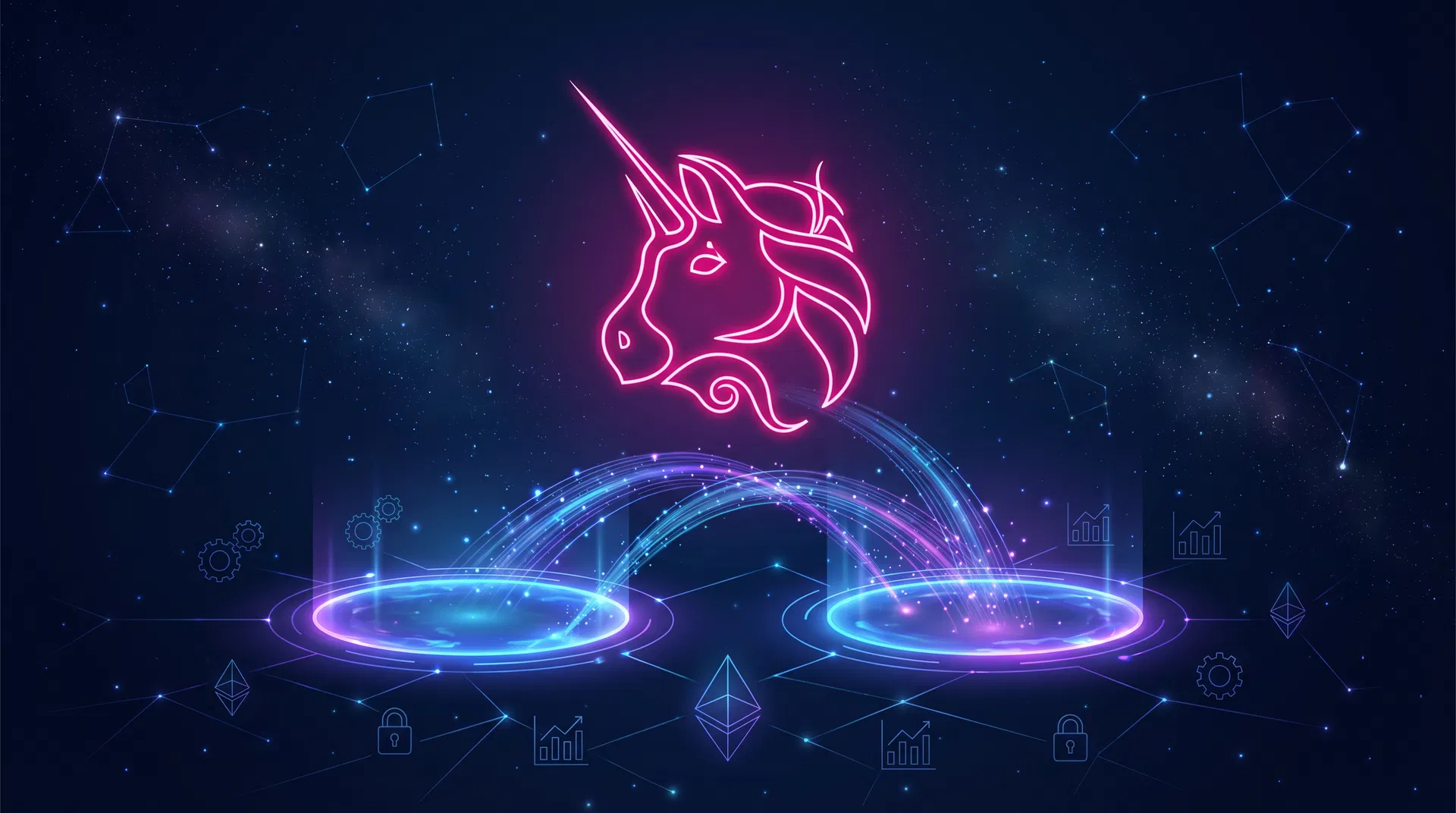 Uniswap decentralized exchange with neon unicorn logo and liquidity pool visualization