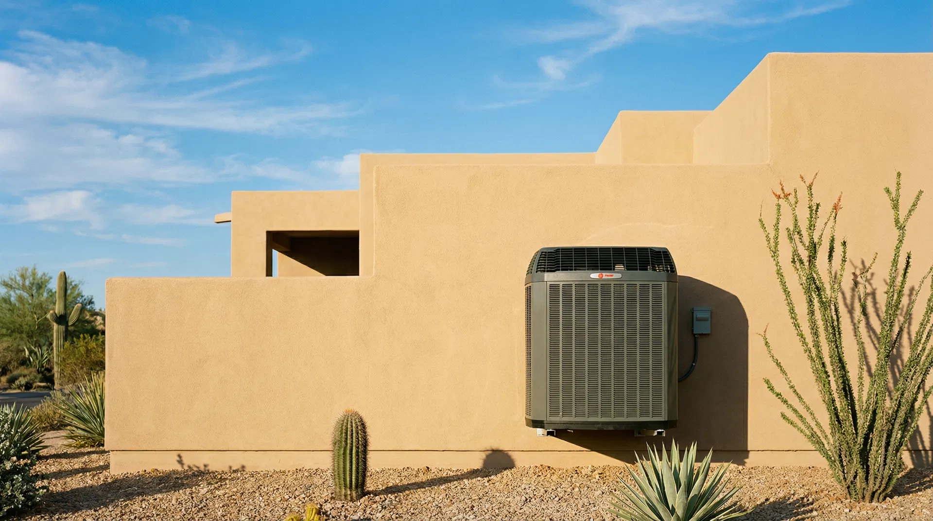 Modern high-efficiency HVAC air conditioning unit installed on the side of an Arizona stucco home with desert landscaping