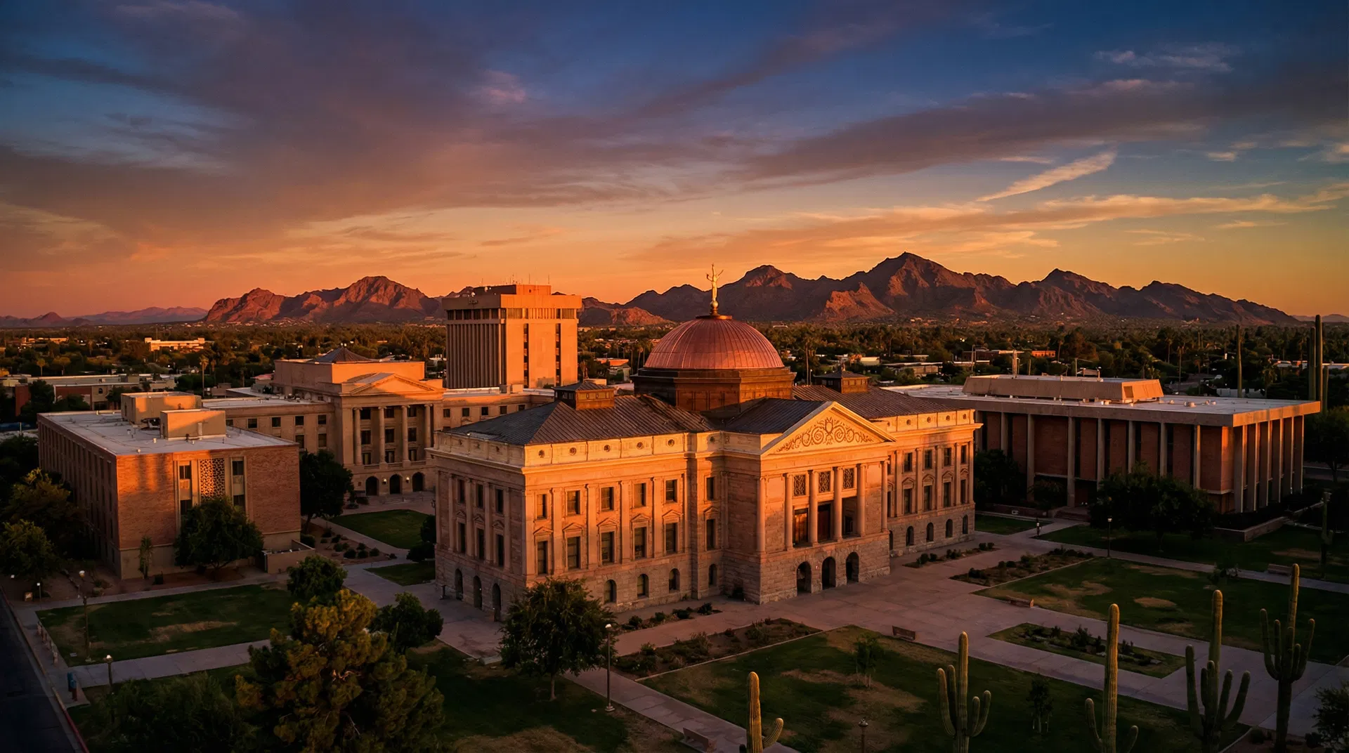 Arizona State Capitol building at golden hour with Phoenix skyline and desert mountains in the background