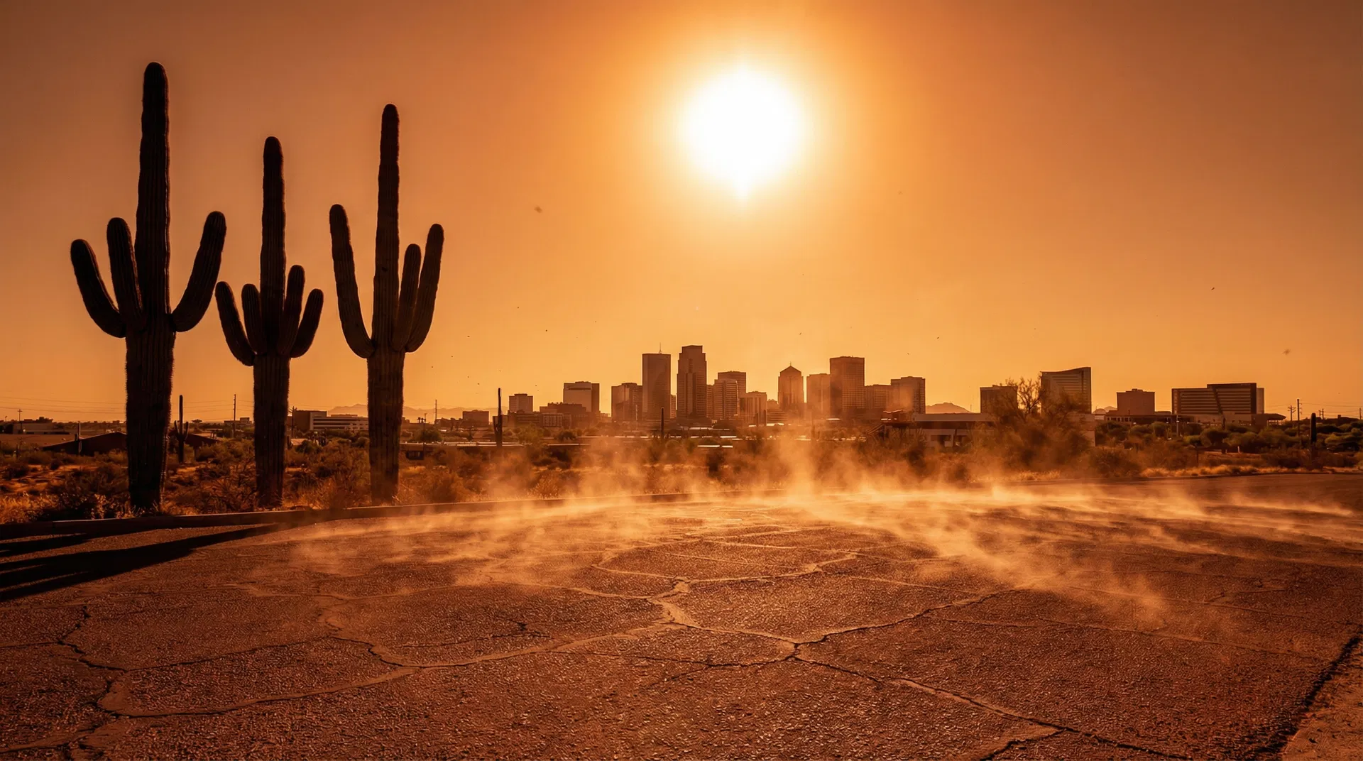 Phoenix Arizona skyline under intense summer heat haze with saguaro cacti silhouettes and cracked desert asphalt in the foreground
