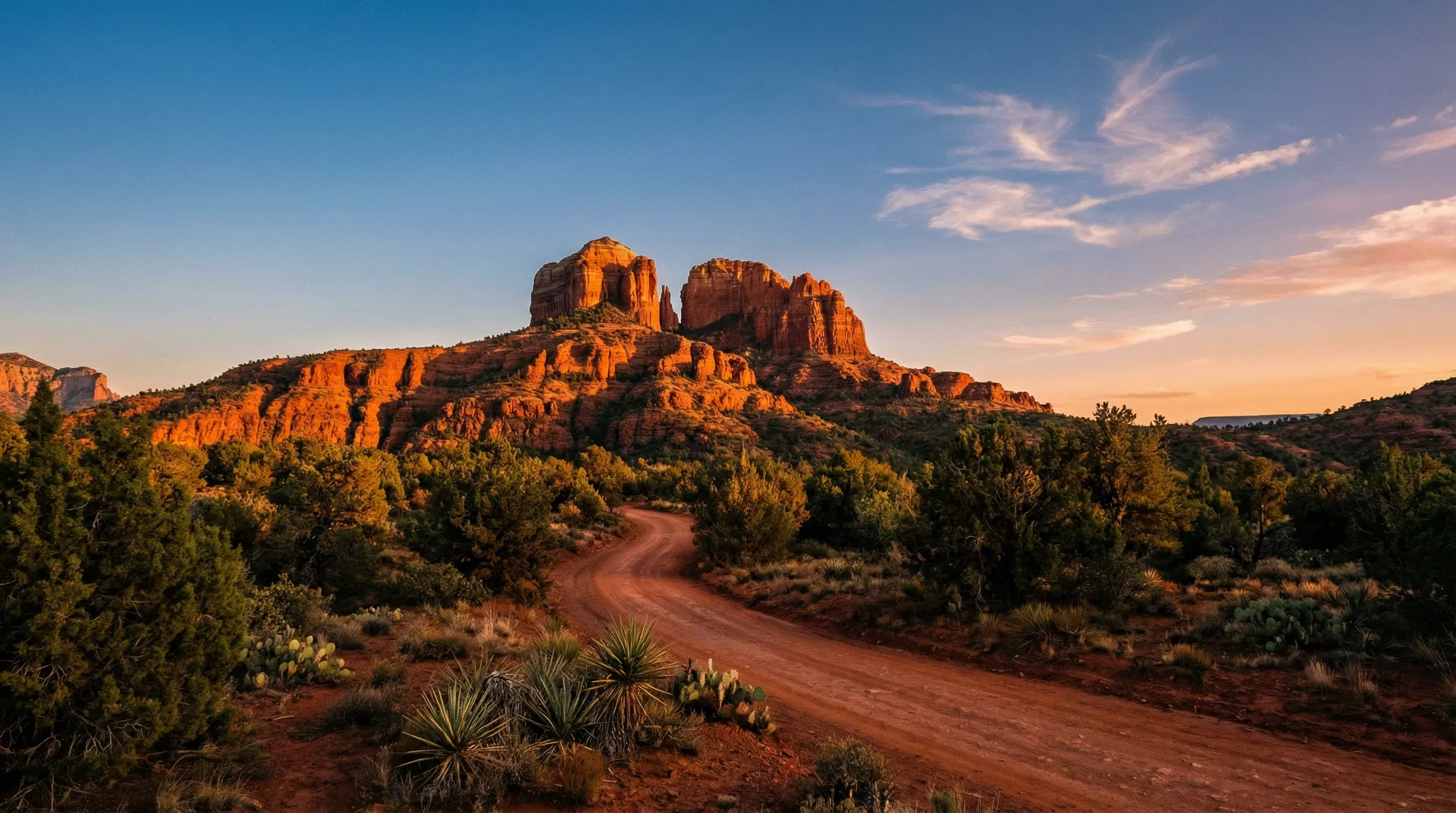 Cathedral Rock in Sedona Arizona at golden hour with a winding red dirt road leading toward the iconic red sandstone buttes