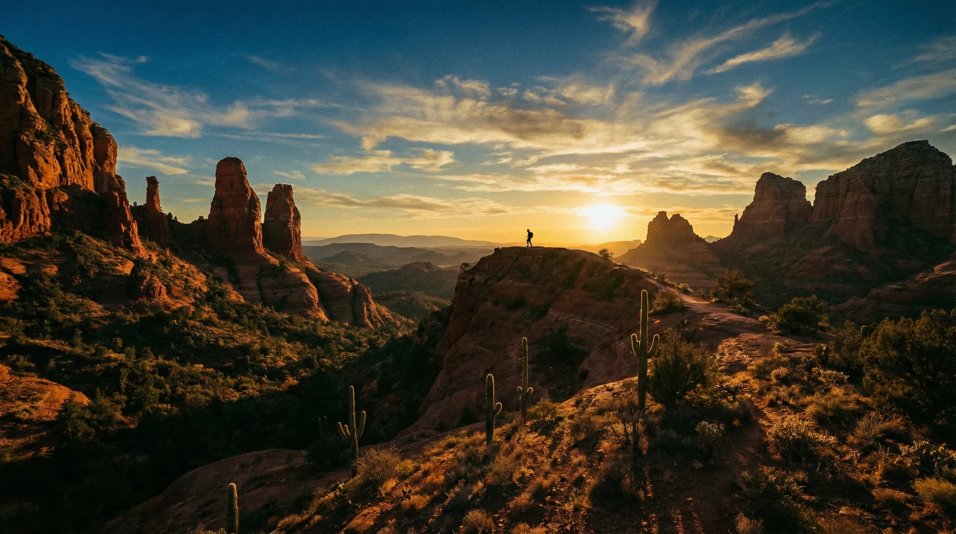 Hiker silhouetted on a Sedona red rock trail at golden hour with towering sandstone formations