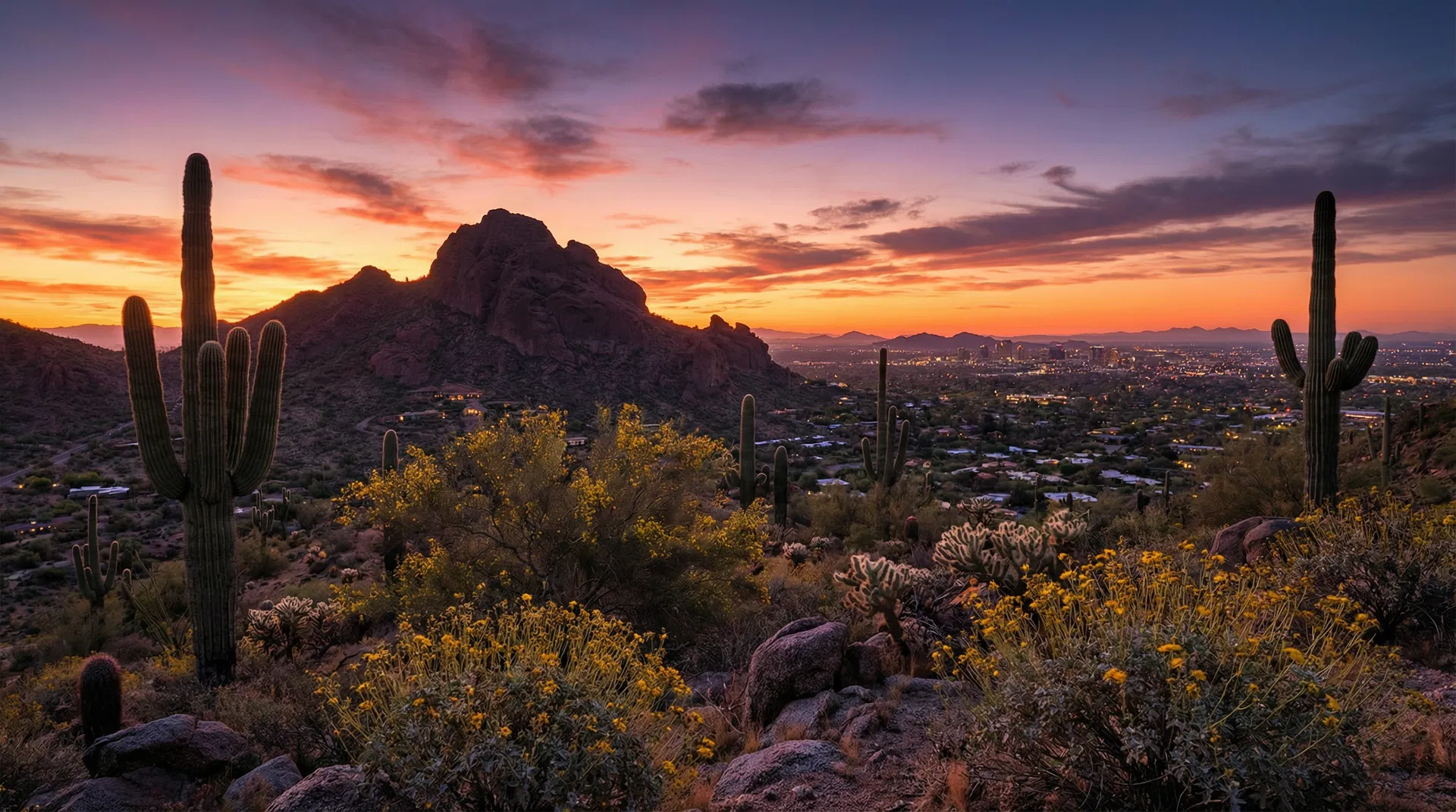 Camelback Mountain at sunset with Phoenix below