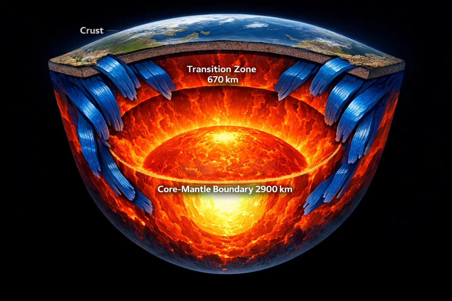 Secção transversal do manto terrestre mostrando placas subductadas.