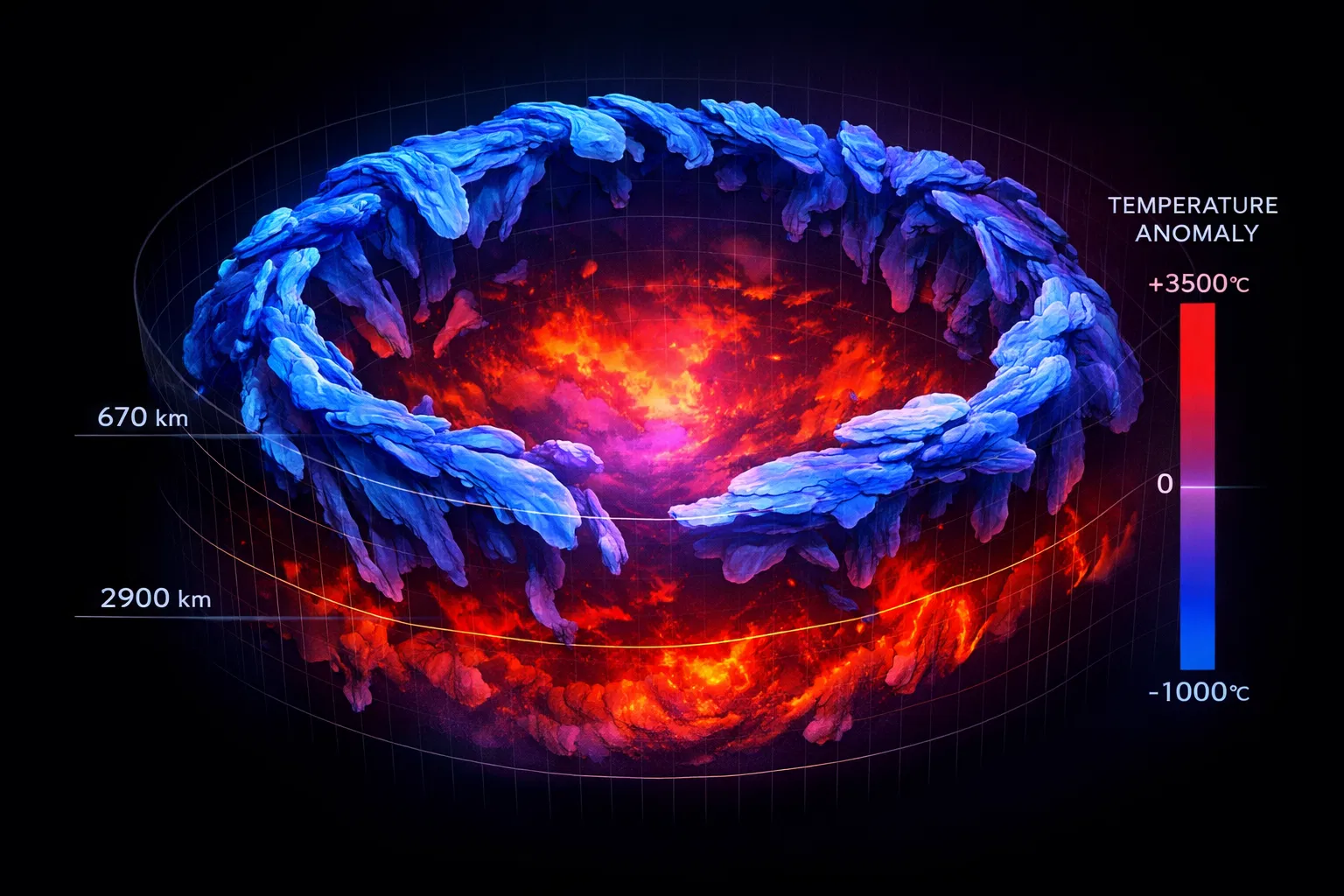 Tomografia sísmica mostrando anomalias de temperatura no manto