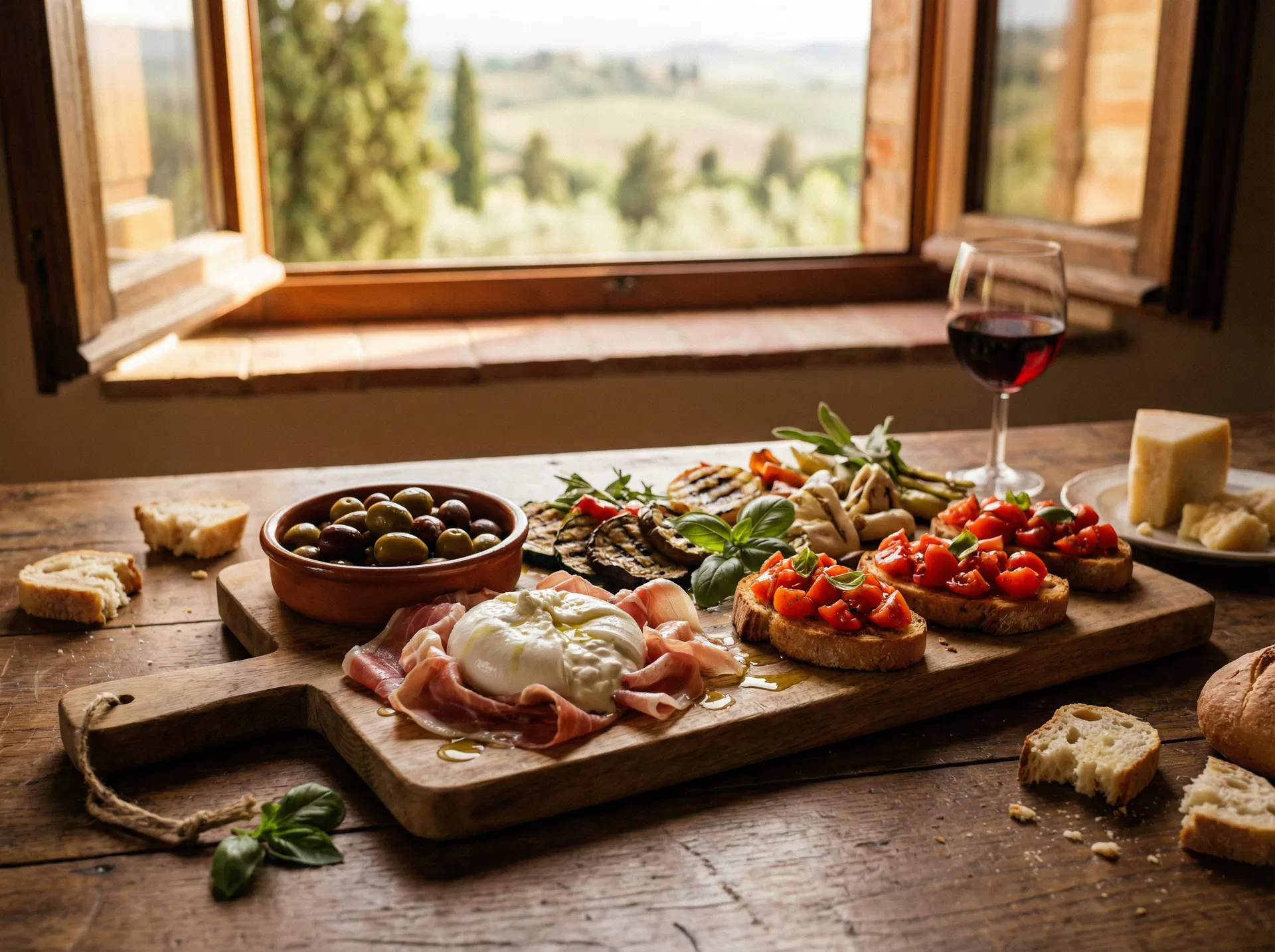 Antipasti-Board mit Burrata, Prosciutto und Bruschetta