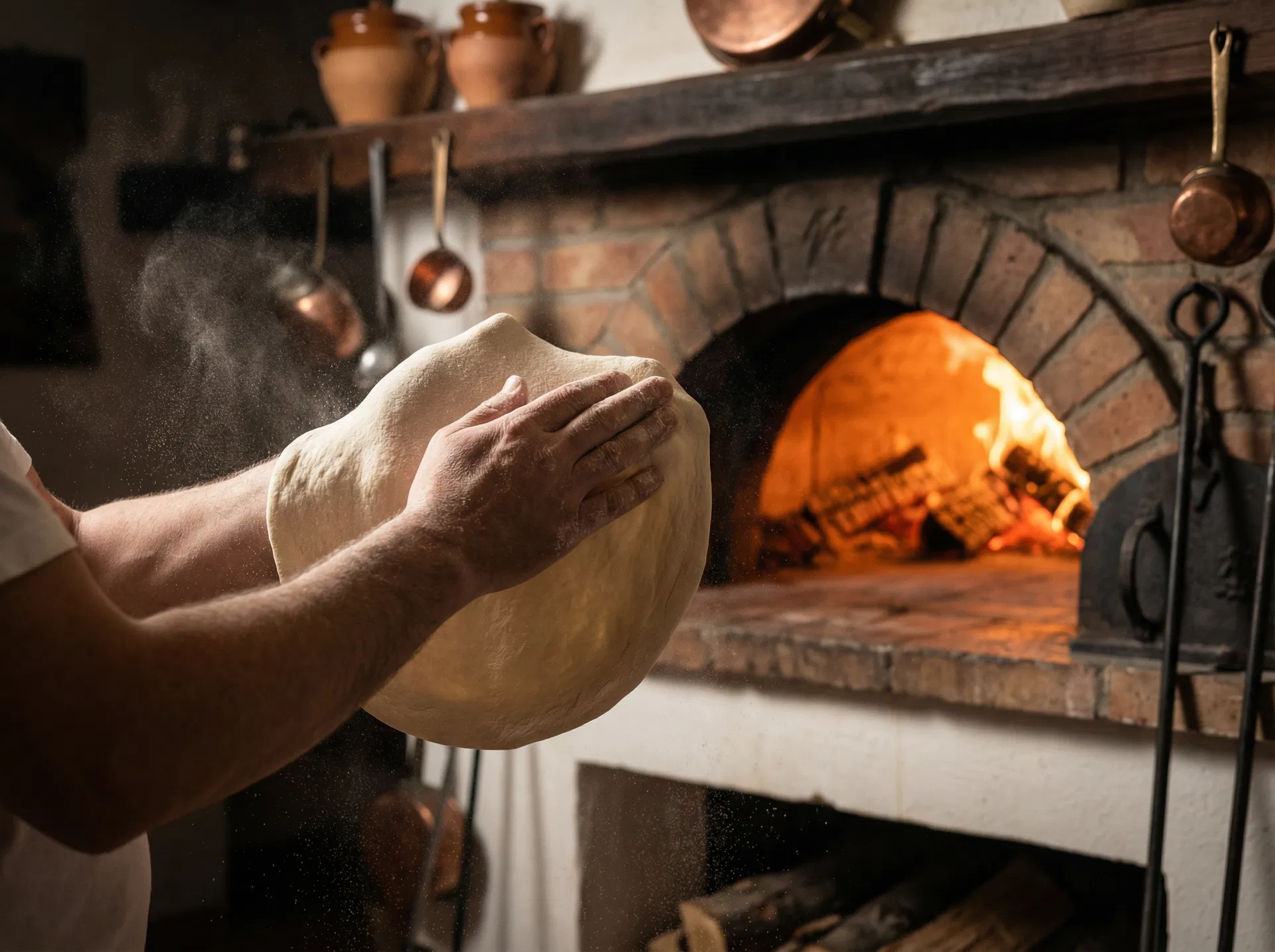 Pizzaiolo streckt Teig vor dem Holzofen