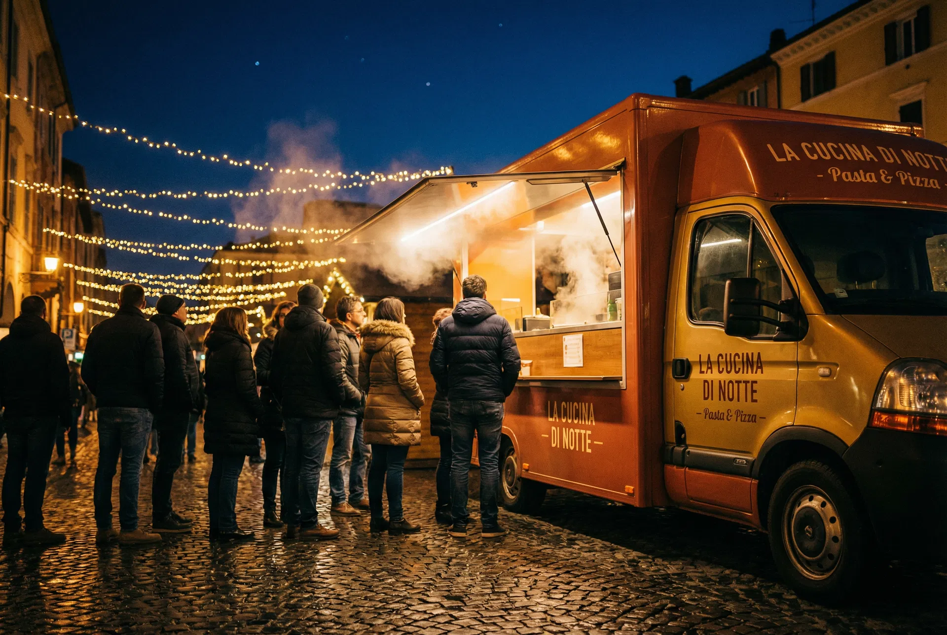 Foodtruck bei Nacht mit Lichterketten