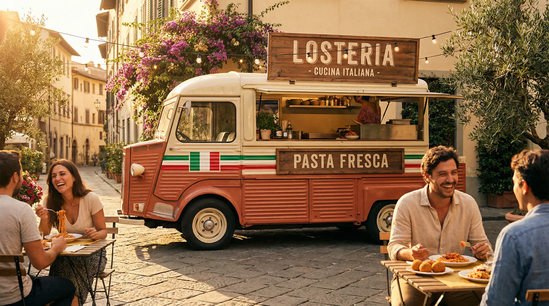 Losteria Foodtruck auf einer sonnigen Piazza
