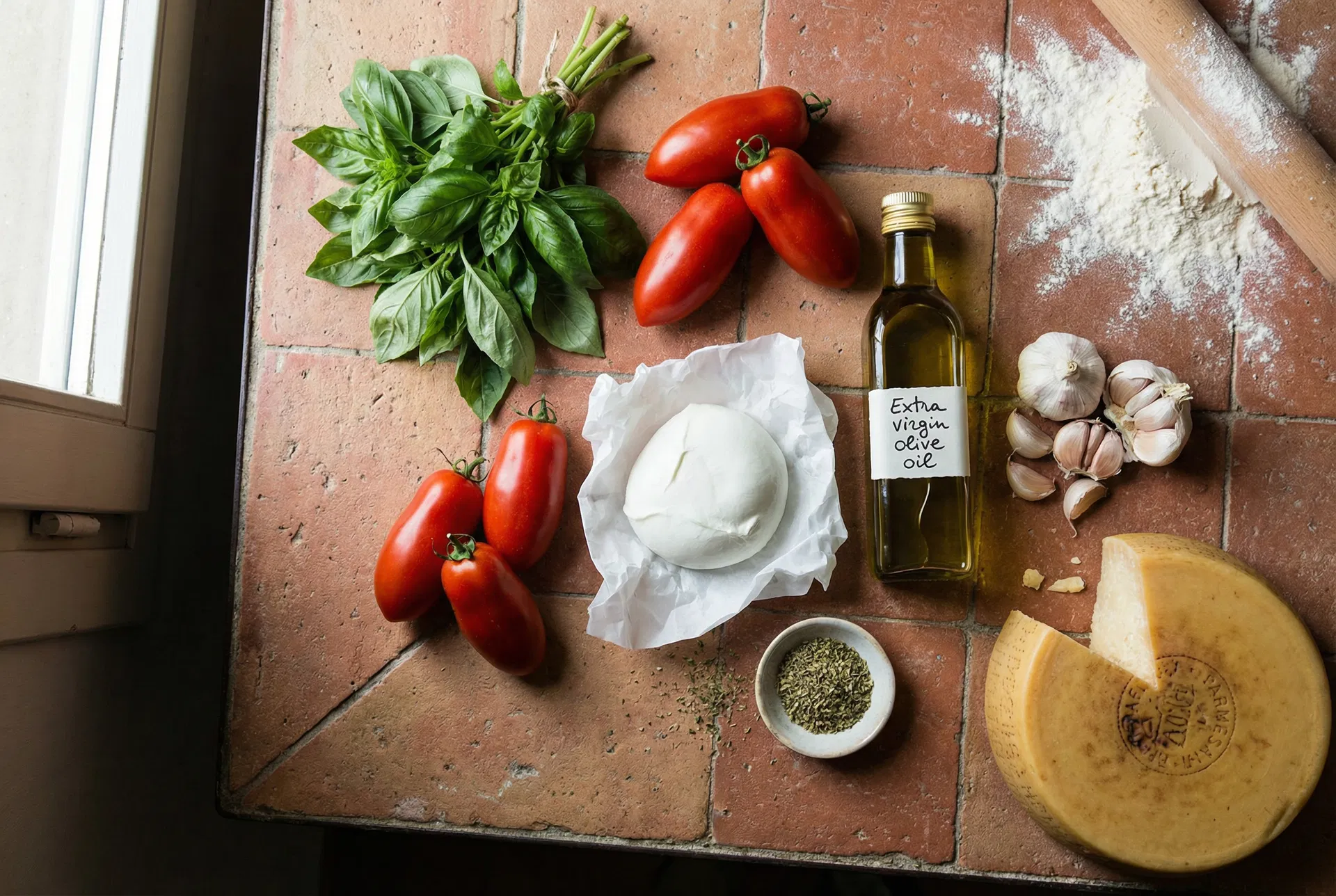 Frische italienische Zutaten auf Terrakotta