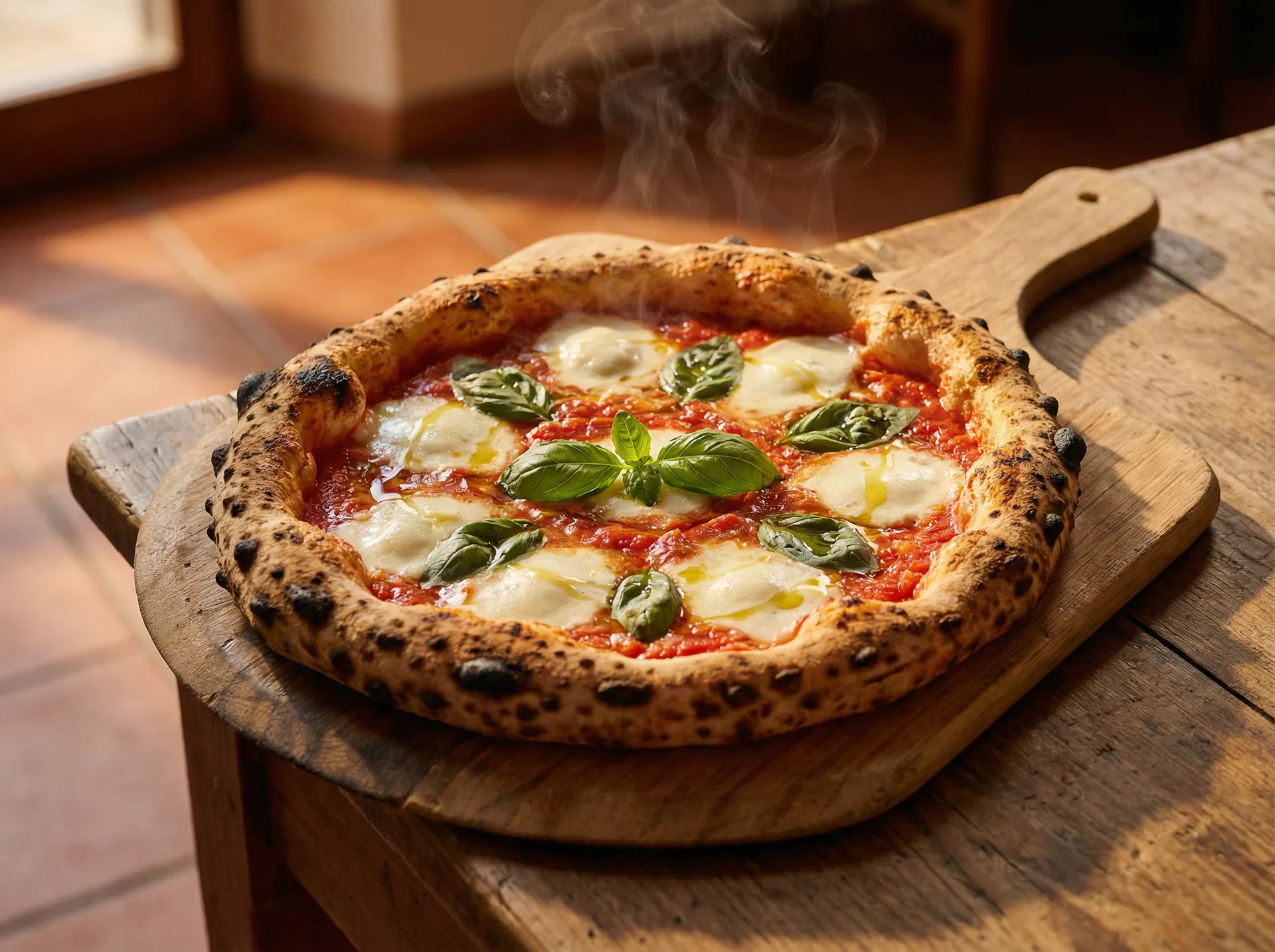 Frische neapolitanische Margherita aus dem Holzofen