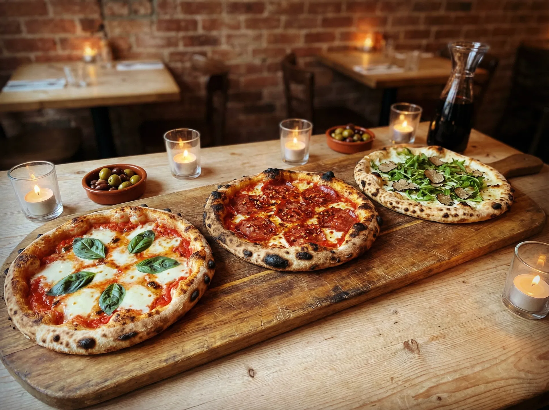 Drei verschiedene Pizzen auf einem Holzbrett