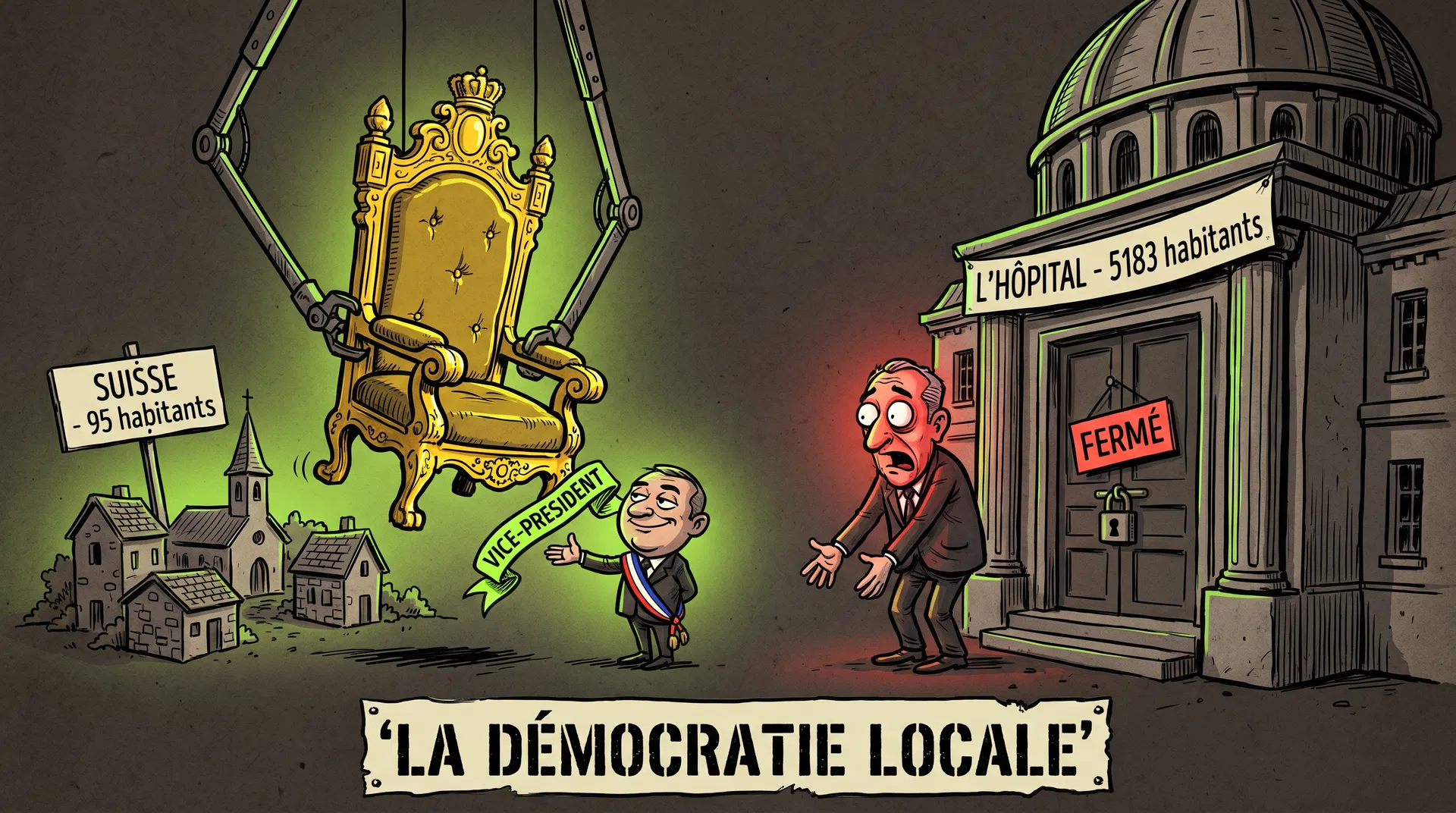 Caricature : Suisse 95 habitants vice-président, L'Hôpital 5183 habitants porte fermée