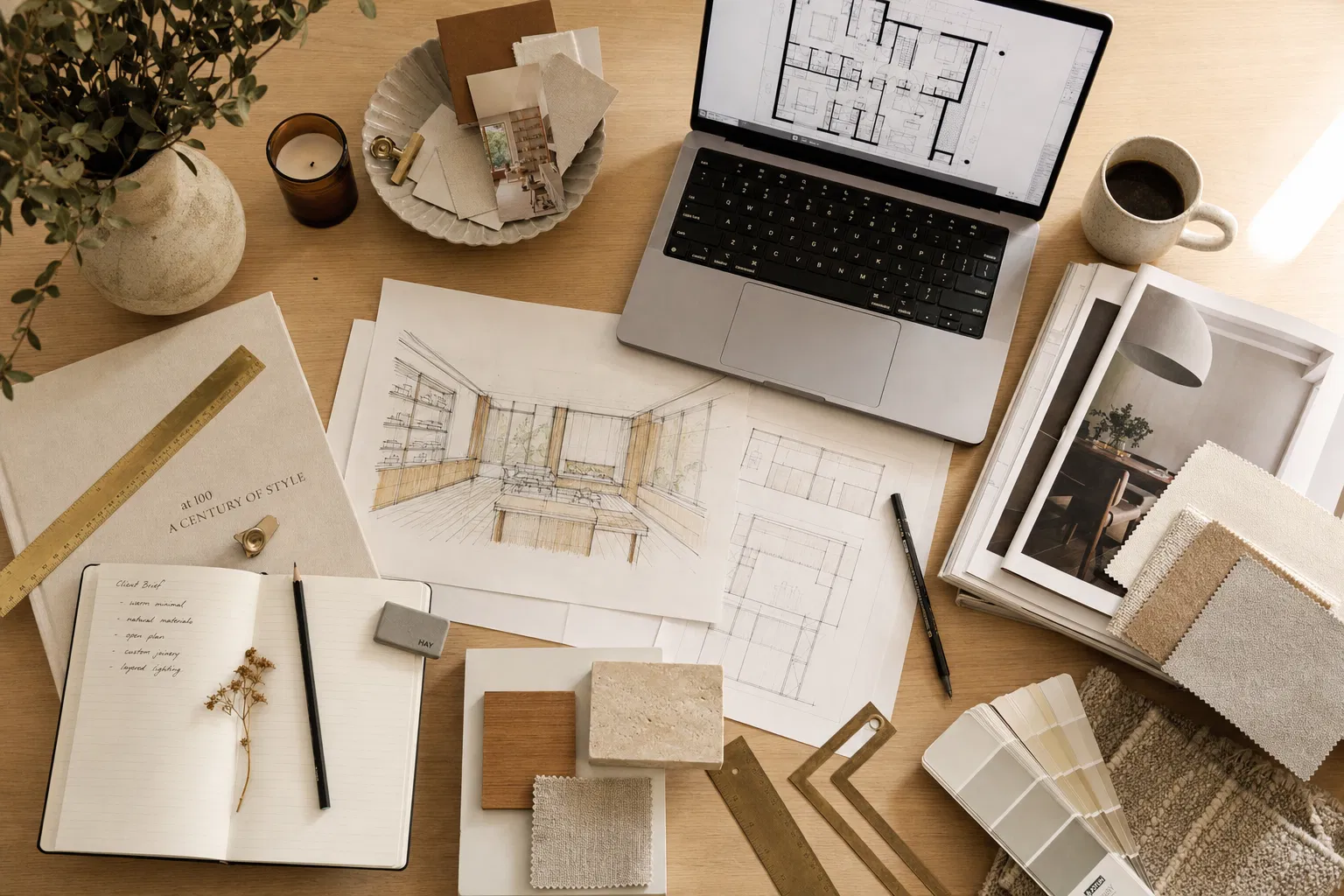 Designer workspace with sketches and materials