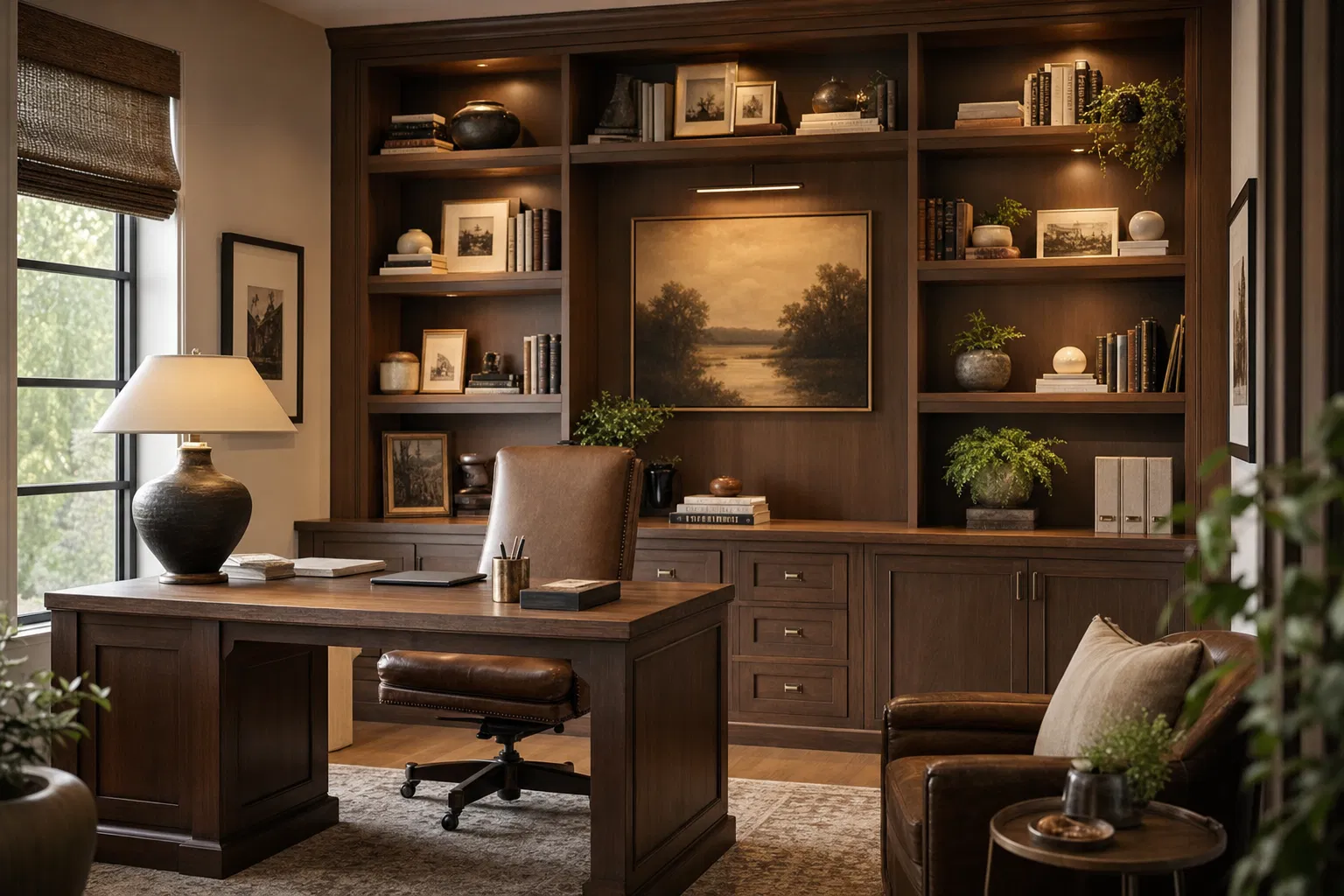 Custom home office with built-in shelving