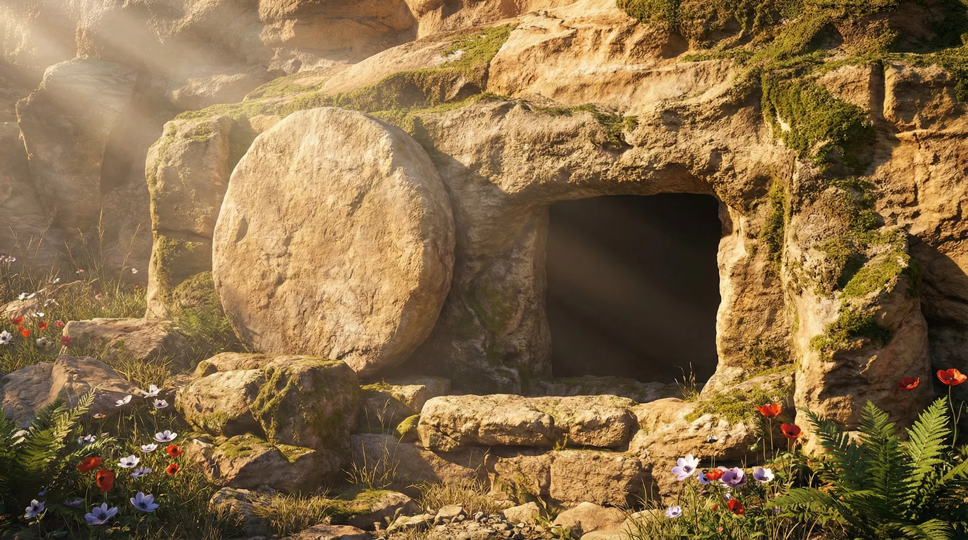 The empty tomb with the stone rolled away at dawn