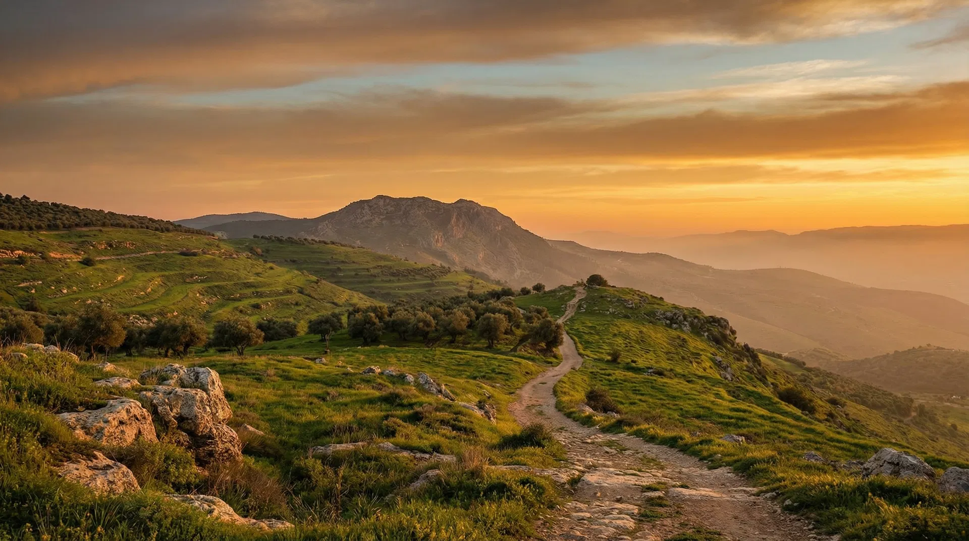 A mountain path in Galilee at golden hour