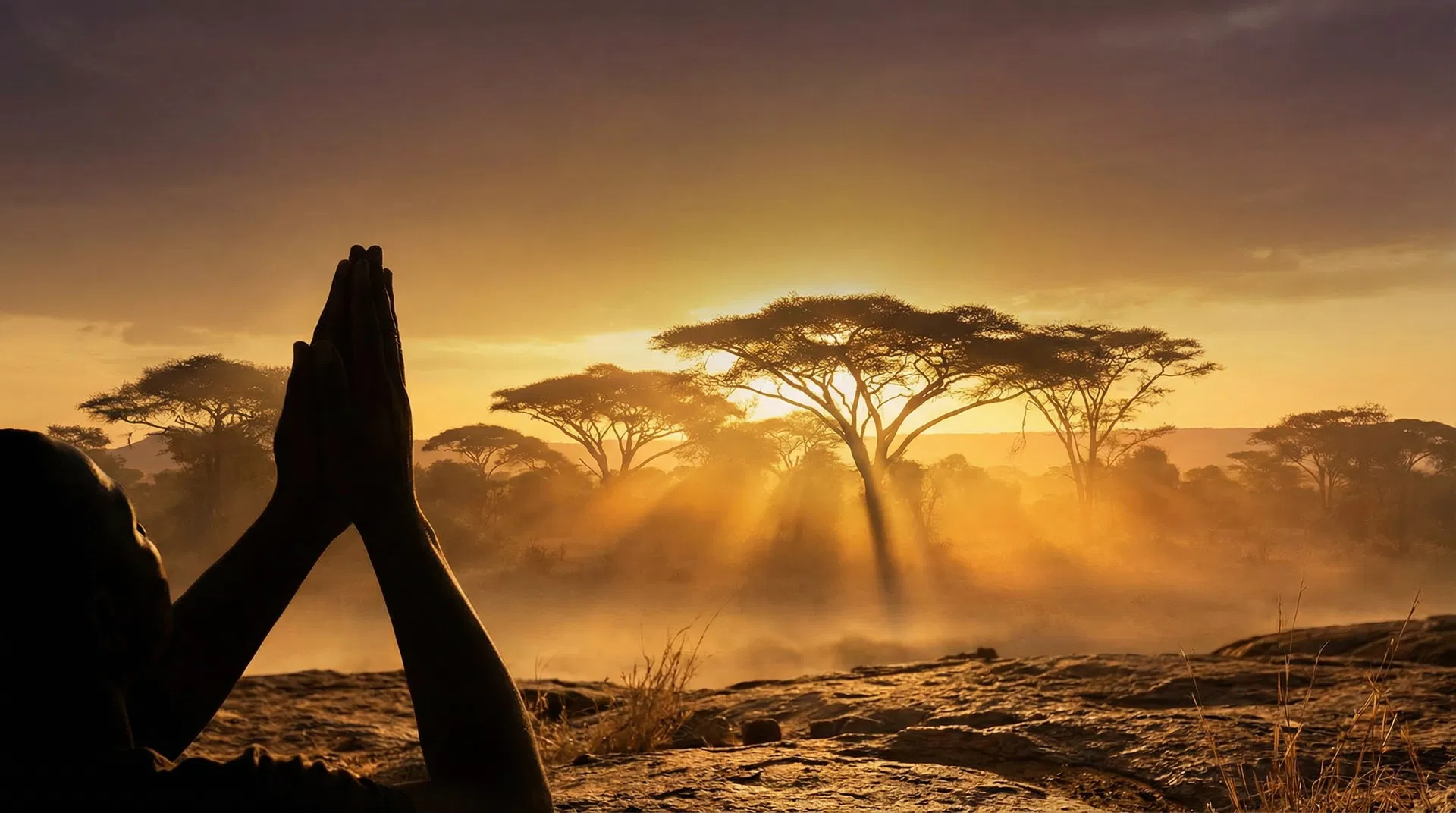 Hands raised in prayer at African sunset