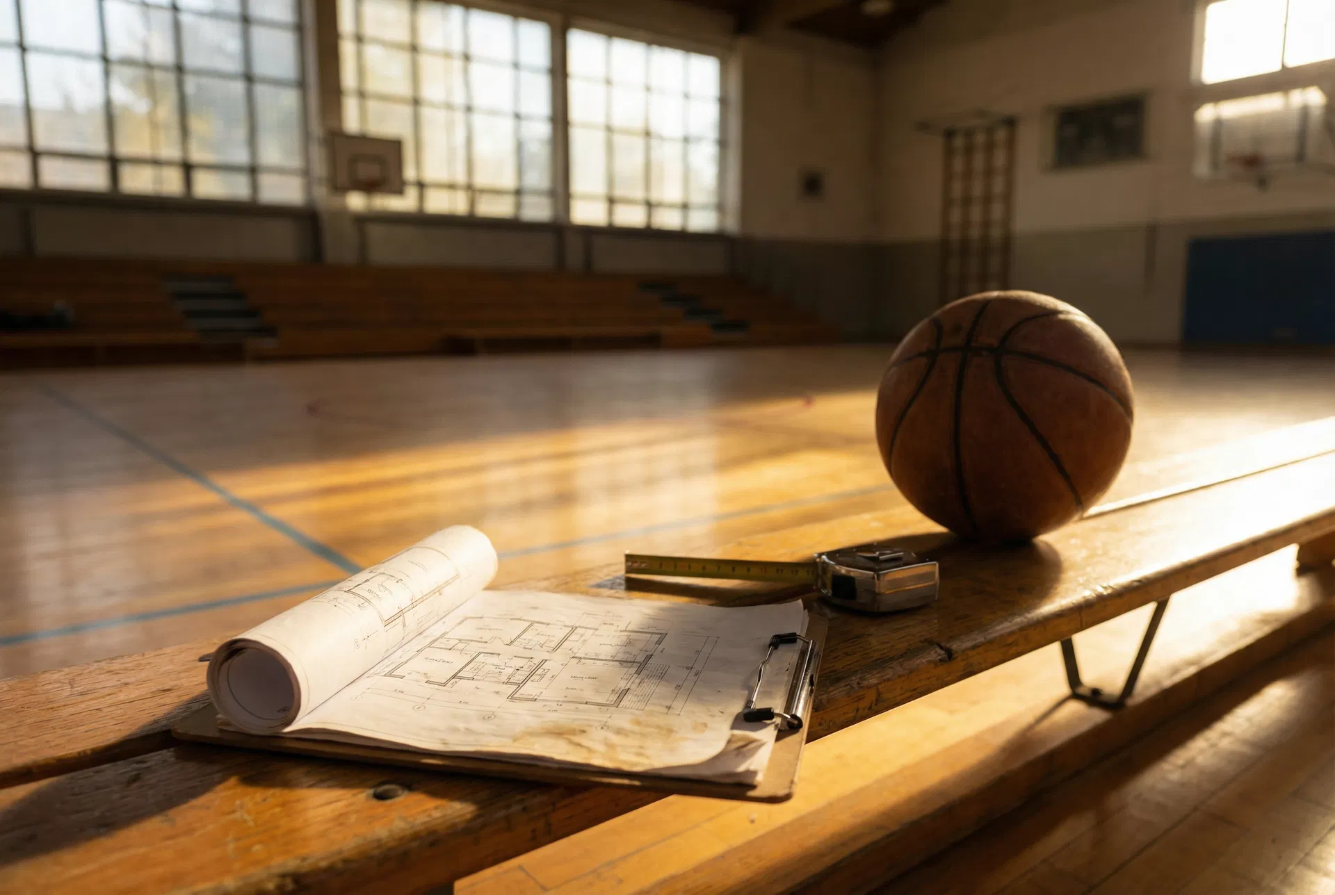 Basketball and clipboard on a gymnasium bench