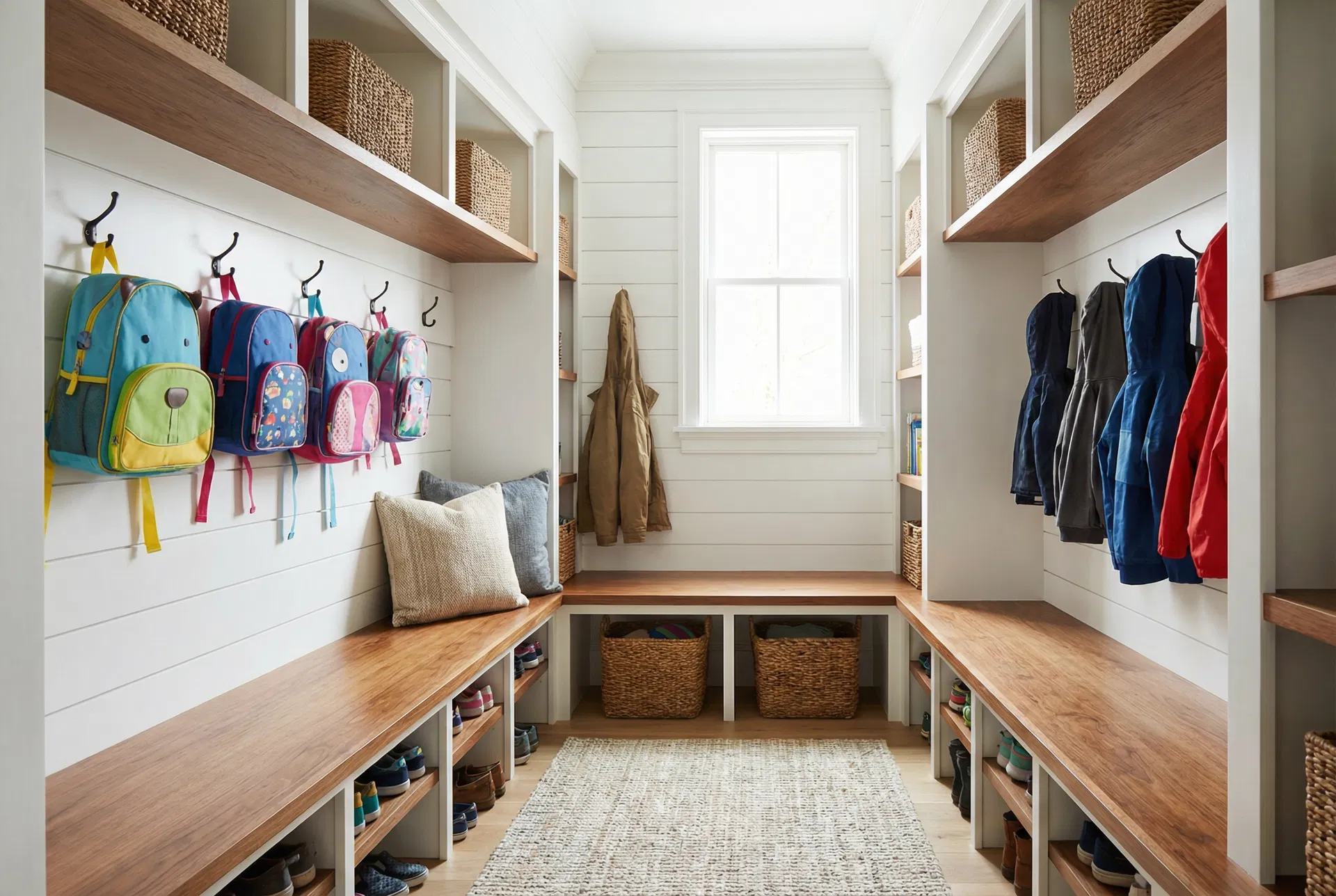 Organized mudroom with hooks and cubbies