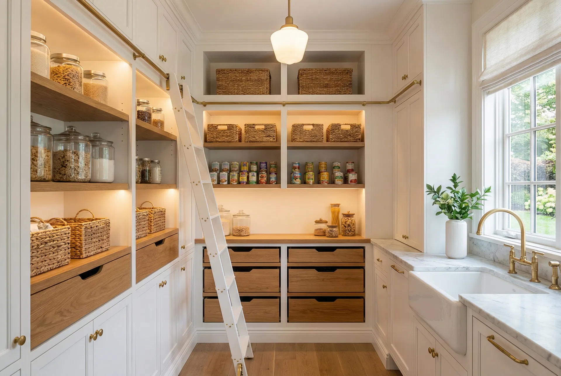 Custom organized pantry with pull-out drawers