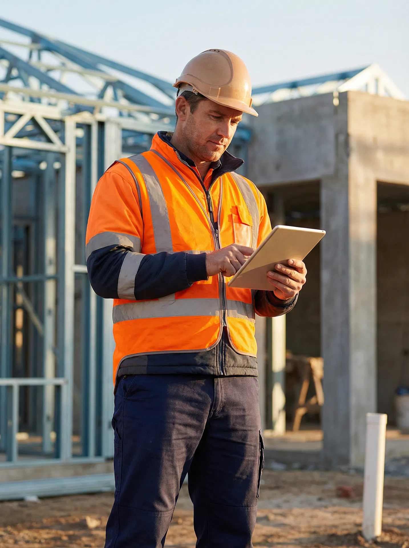 Hawaii contractor reviewing digital plans on tablet