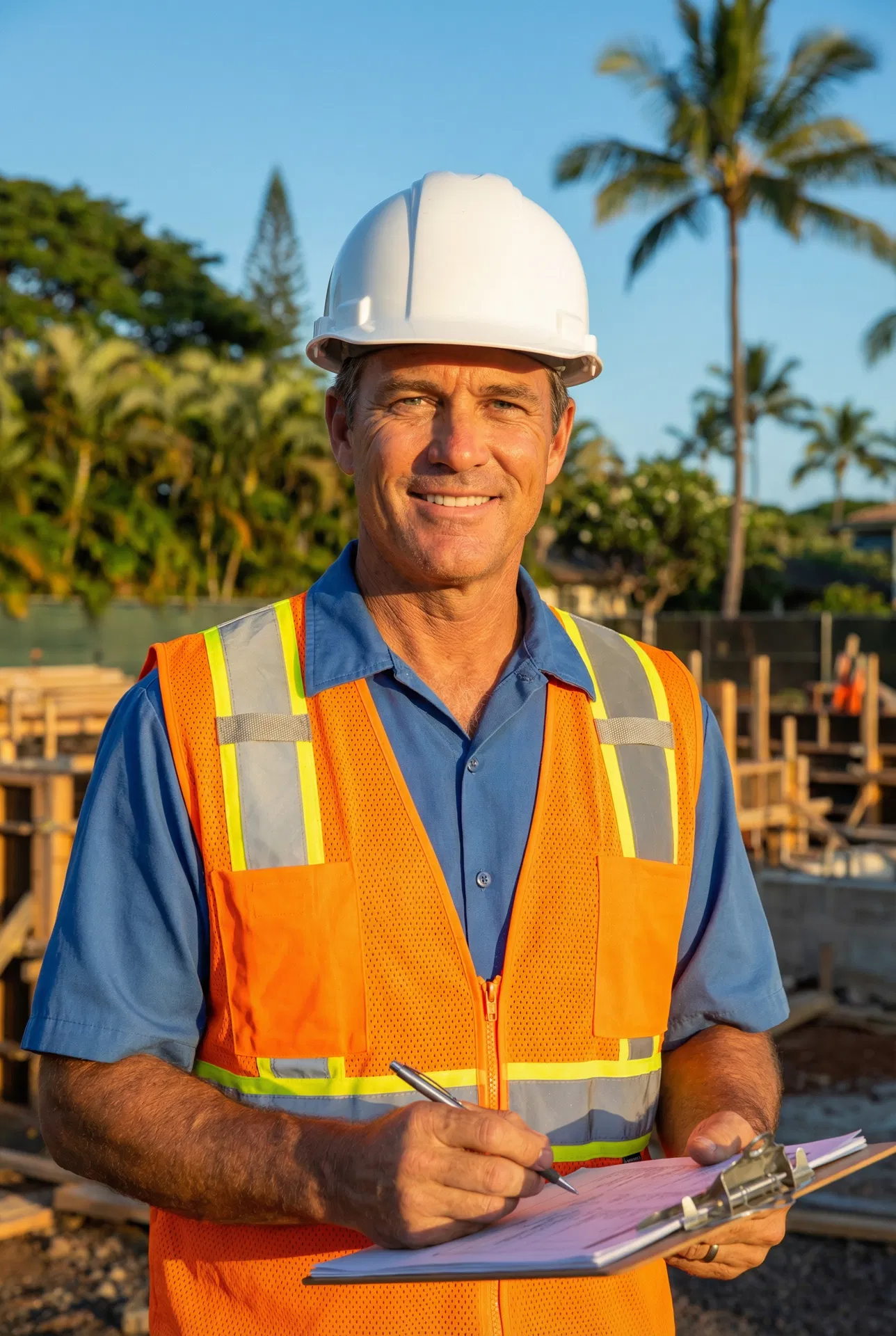 Hawaii contractor in orange safety vest and hard hat on a sunny construction site