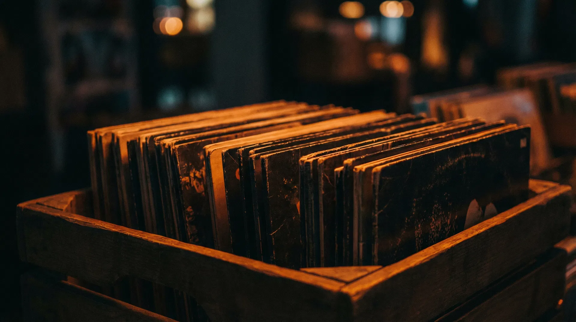 Vinyl records in a wooden crate