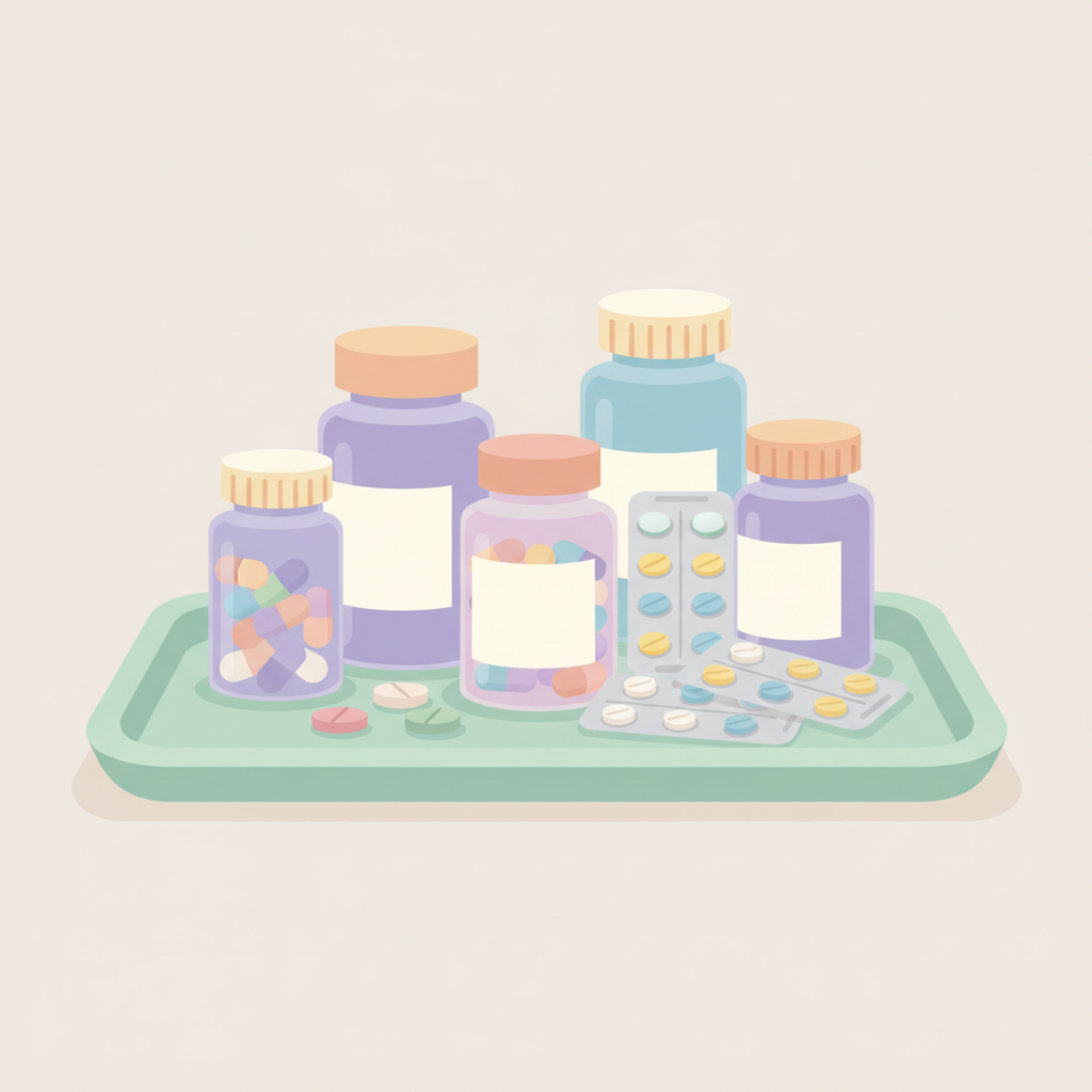 子供が薬を服用する様子と、薬の安全な保管方法を示すピクトグラム