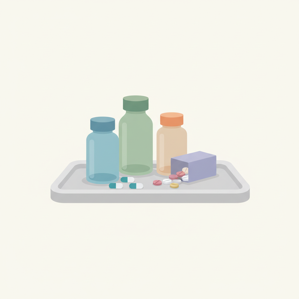胃や腸の消化器官を模した模型と、その働きを助ける薬剤の錠剤