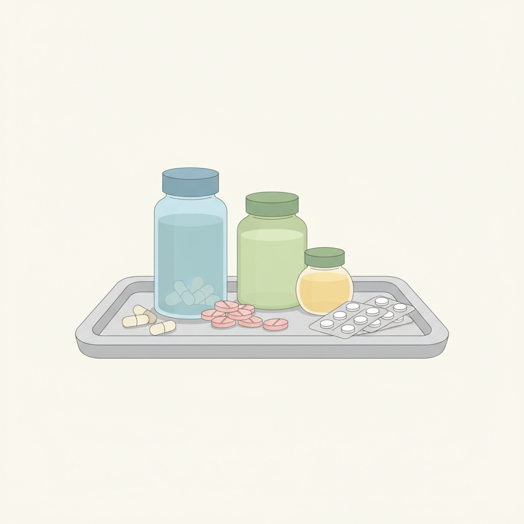 体温計と市販の解熱剤が並べられ、発熱対処法と市販薬の選択肢を示す