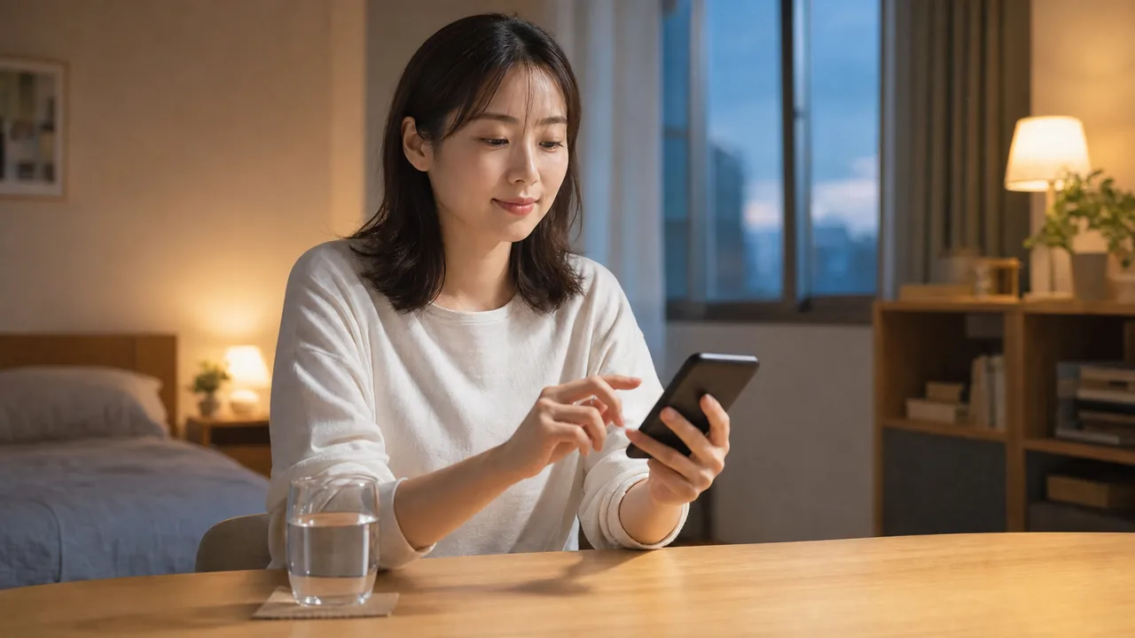 毎日の服用時刻をスマートフォンで管理する女性