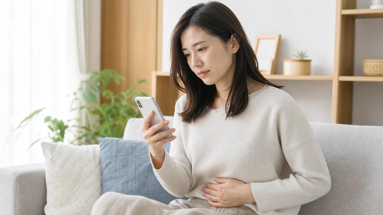 月経痛や体調をスマートフォンで記録する女性