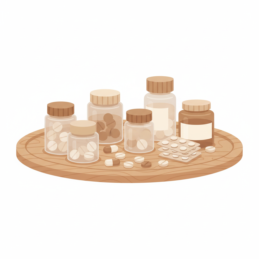 ジェネリック医薬品と先発医薬品の比較を示す、異なる薬瓶が並べられた様子