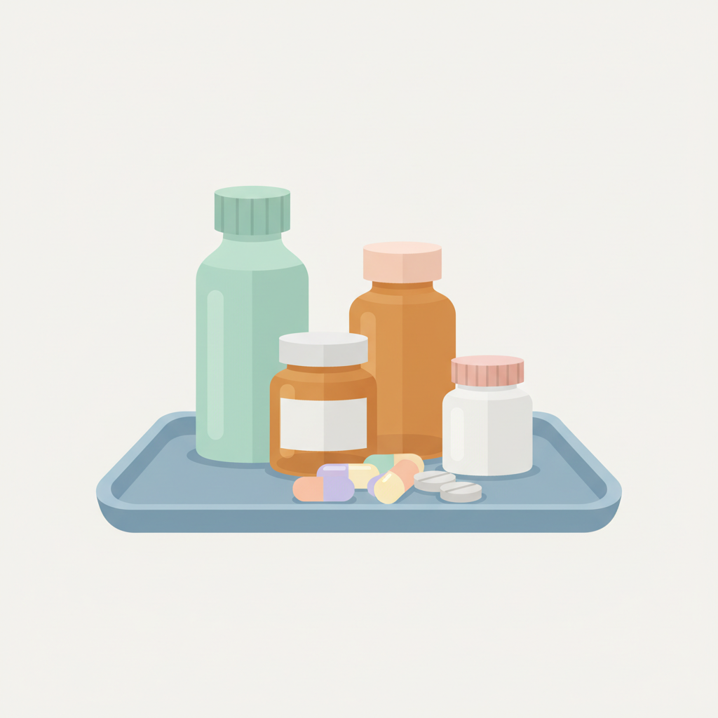 緑内障の進行を抑えるための点眼薬が並べられた様子、眼圧管理の重要性