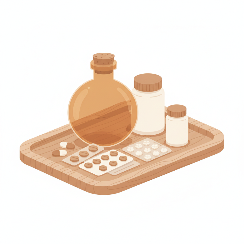 漢方薬と西洋薬が並べられ、医師が患者に併用について説明する診察室の風景