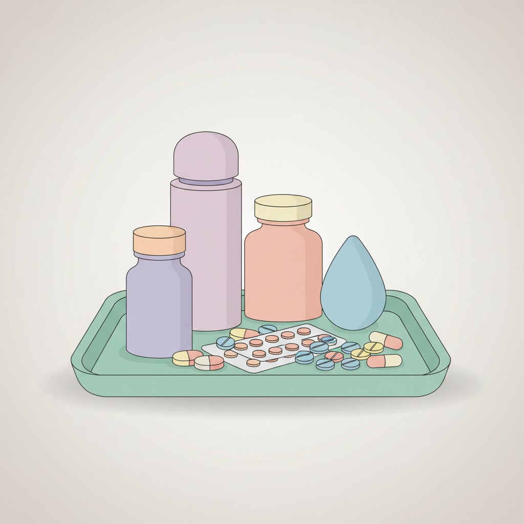 複数の薬が並べられ、飲み合わせや相互作用の注意を促す様子