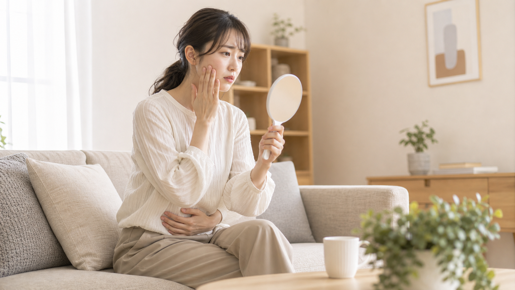肌の状態とお腹の不調を気にしている女性のイメージ