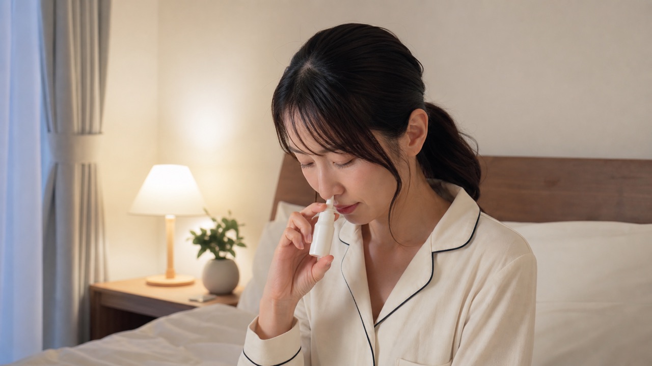 就寝前に点鼻薬を使用する女性の参考画像
